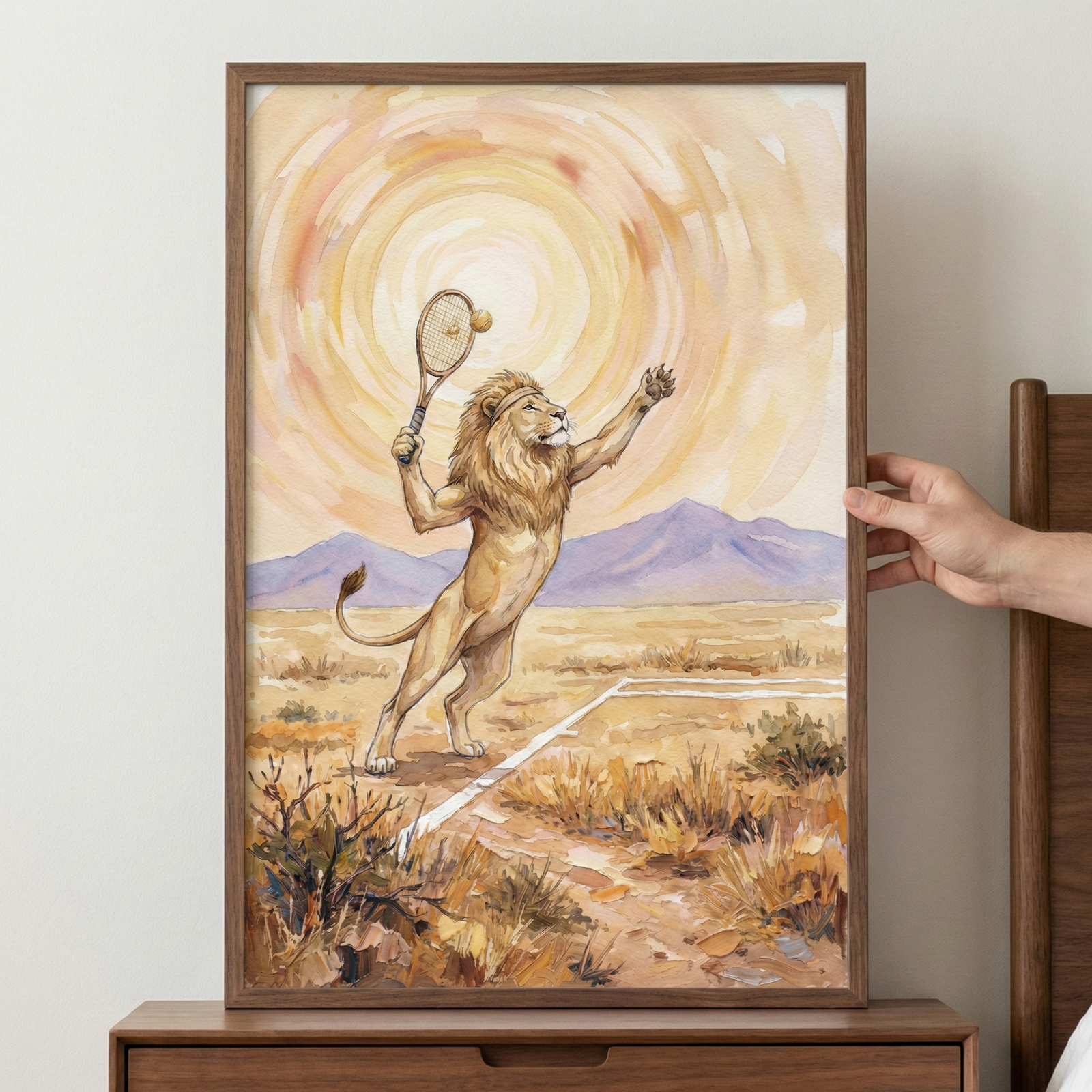 A vertical framed artwork depicts a muscular lion standing on its hind legs on a desert tennis court. The lion wears a headband and holds a wooden racket in its right paw, poised to hit a tennis ball. Its left arm is raised toward a large, swirling, golden sun in the sky. The background features light purple mountains and a sparse, dry landscape with white lines marking the court boundaries. A dark wooden frame surrounds the image, held by a hand against a plain white wall above a wooden dresser.