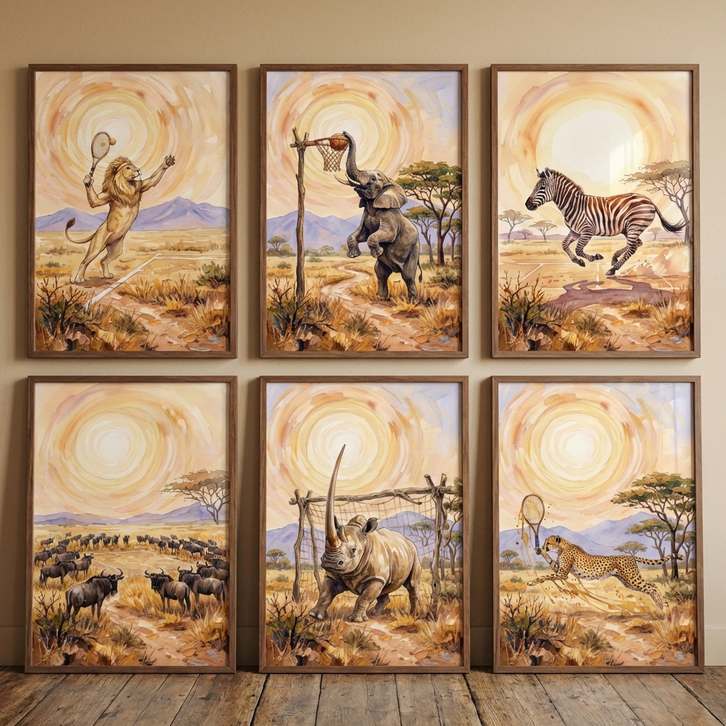 Six framed illustrations arranged in two rows on a neutral wall depict African animals playing sports. Each piece uses a warm watercolor style with a large, stylized swirling sun in the background. The top row features a lion with a tennis racket, an elephant playing basketball, and a sprinting zebra. The bottom row shows a huddle of wildebeests, a rhinoceros with an exceptionally long horn acting as a goalie, and a cheetah running with a tennis racket. The frames are dark wood.