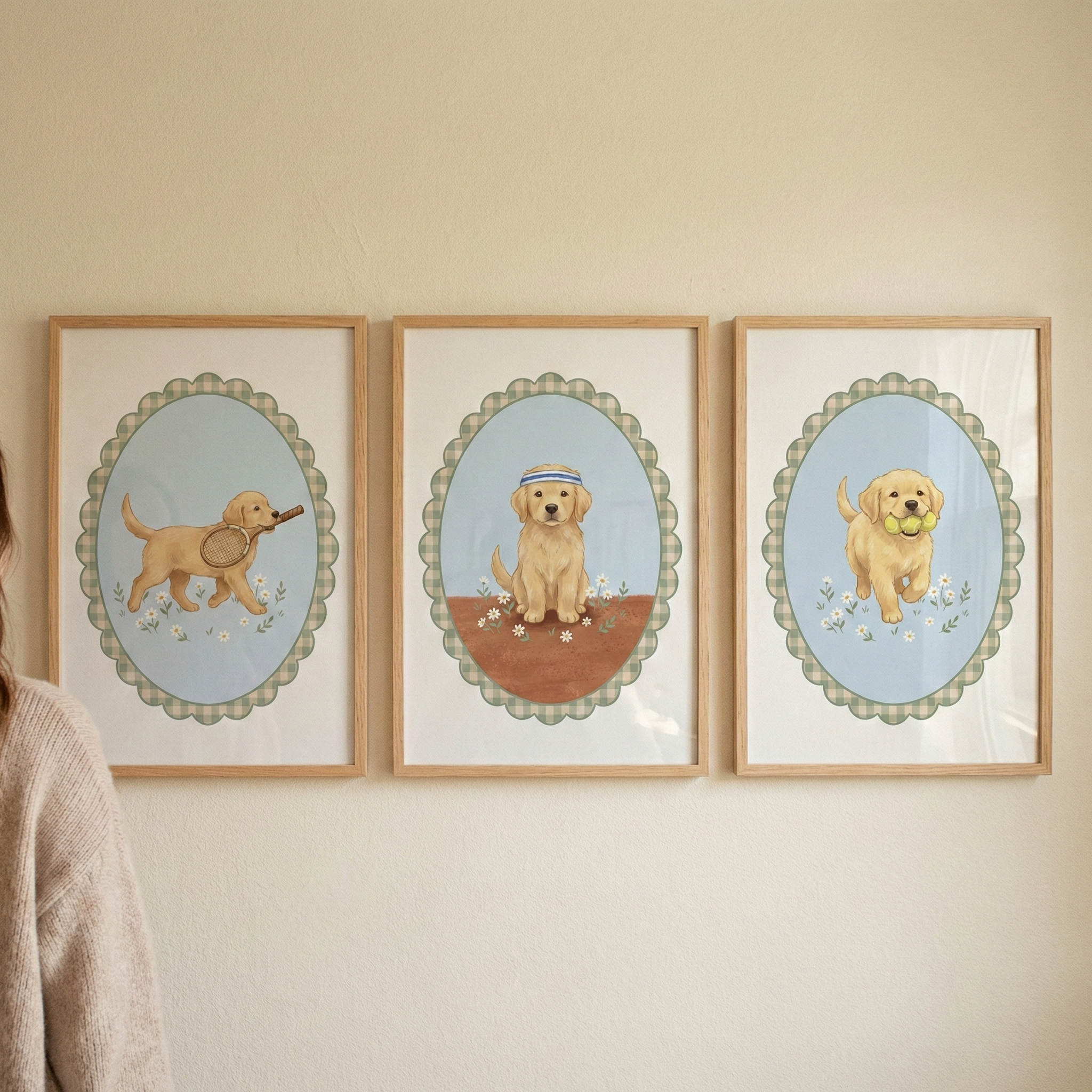Tennis Puppy Wall Art Set of 3 - Golden Tennis Puppies