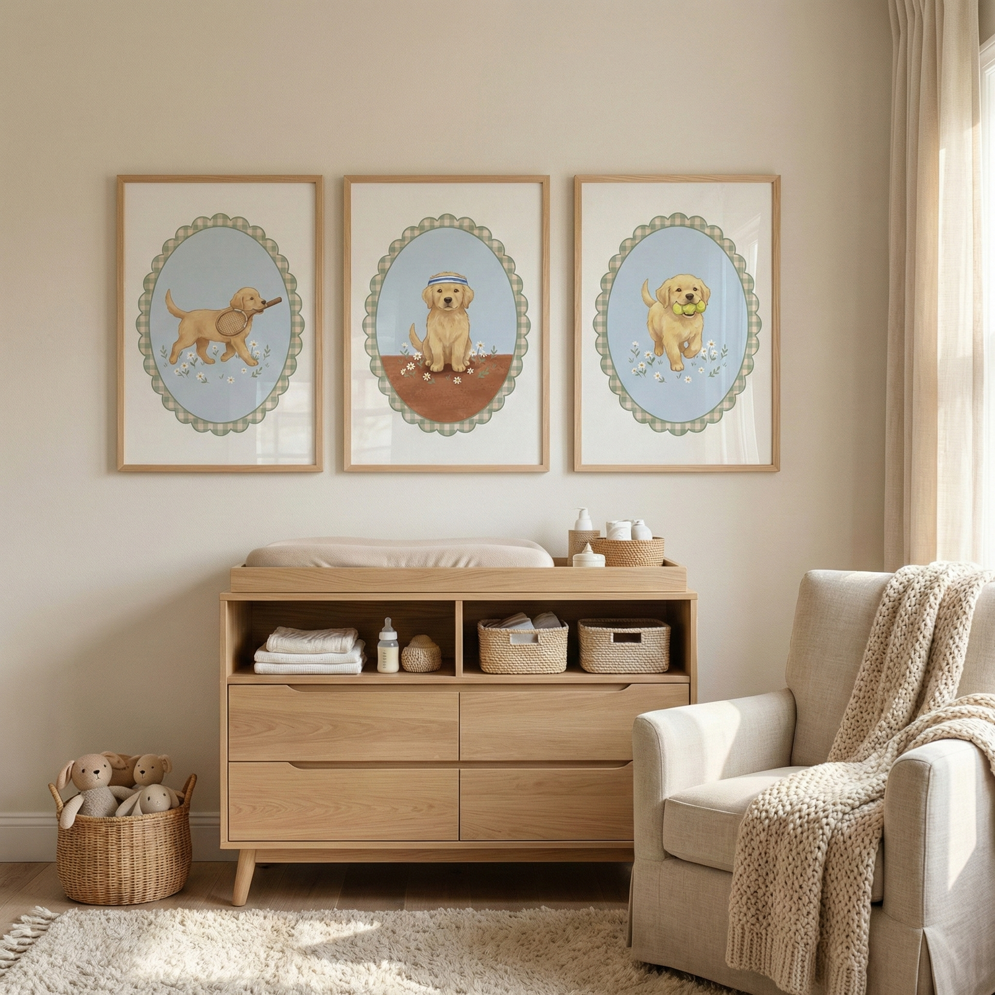 Tennis Puppy Wall Art Set of 3 - Golden Tennis Puppies