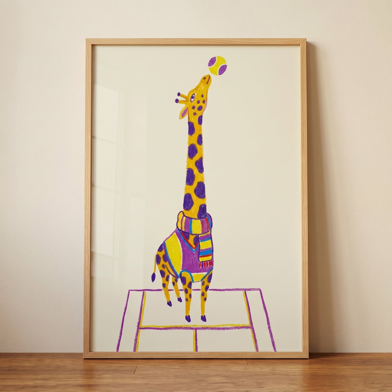 Tennis scarf purple giraffe wall art shows a yellow giraffe with purple spots balancing a ball on a court.