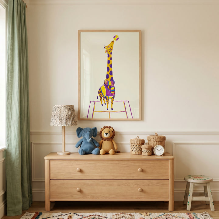 Tennis scarf purple giraffe wall art hangs over a wooden dresser with stuffed animals, a lamp, and woven baskets.