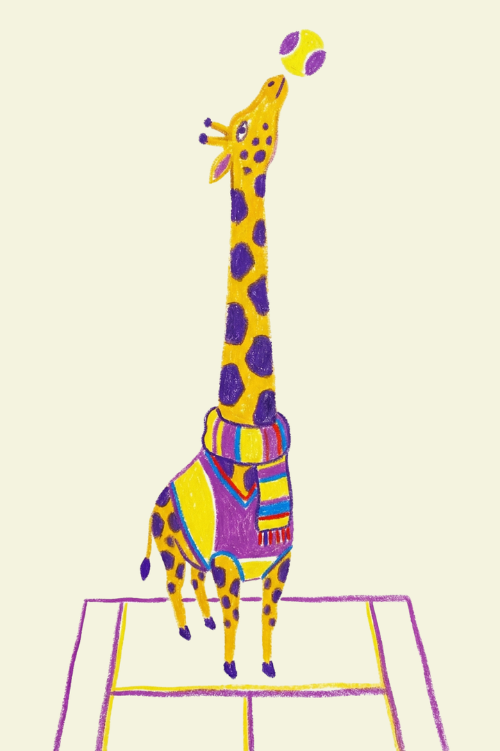 Tennis scarf purple giraffe wall art features a giraffe in a sweater and scarf balancing a ball on a tennis court.