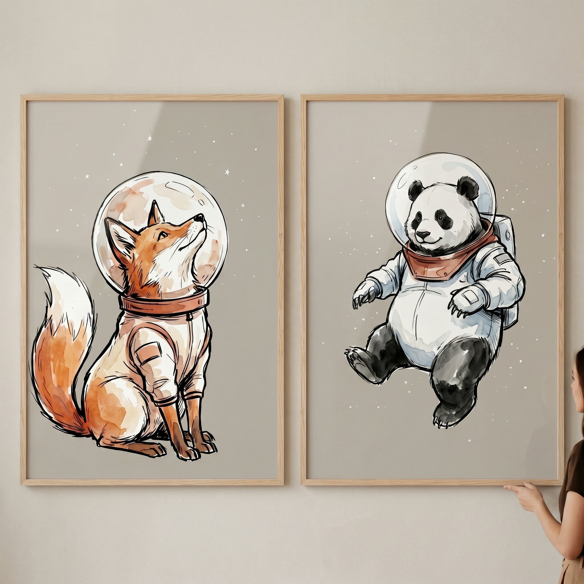 Terracotta Accent Astronaut Animal Wall Art Set of 2 - Cosmic Animal Duo