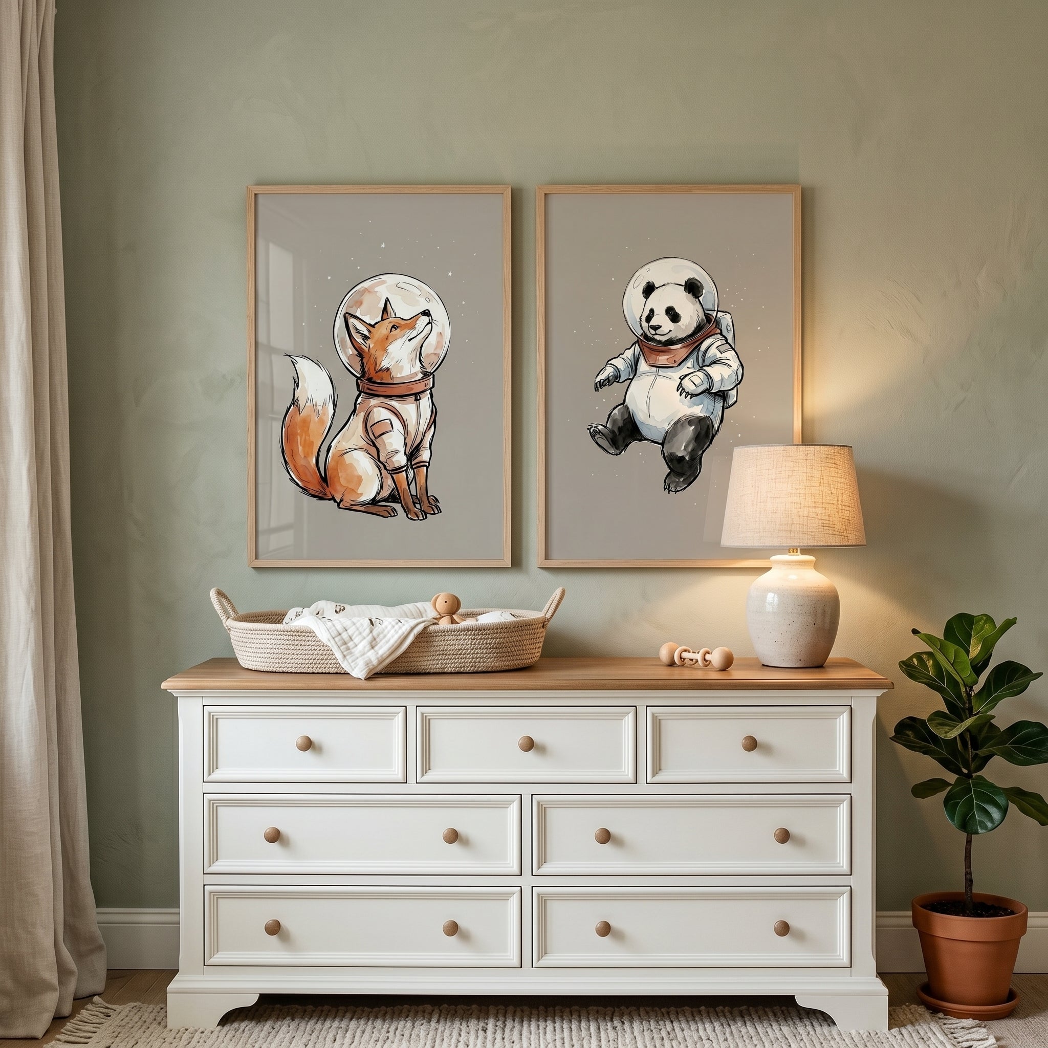 Terracotta Accent Astronaut Animal Wall Art Set of 2 - Cosmic Animal Duo