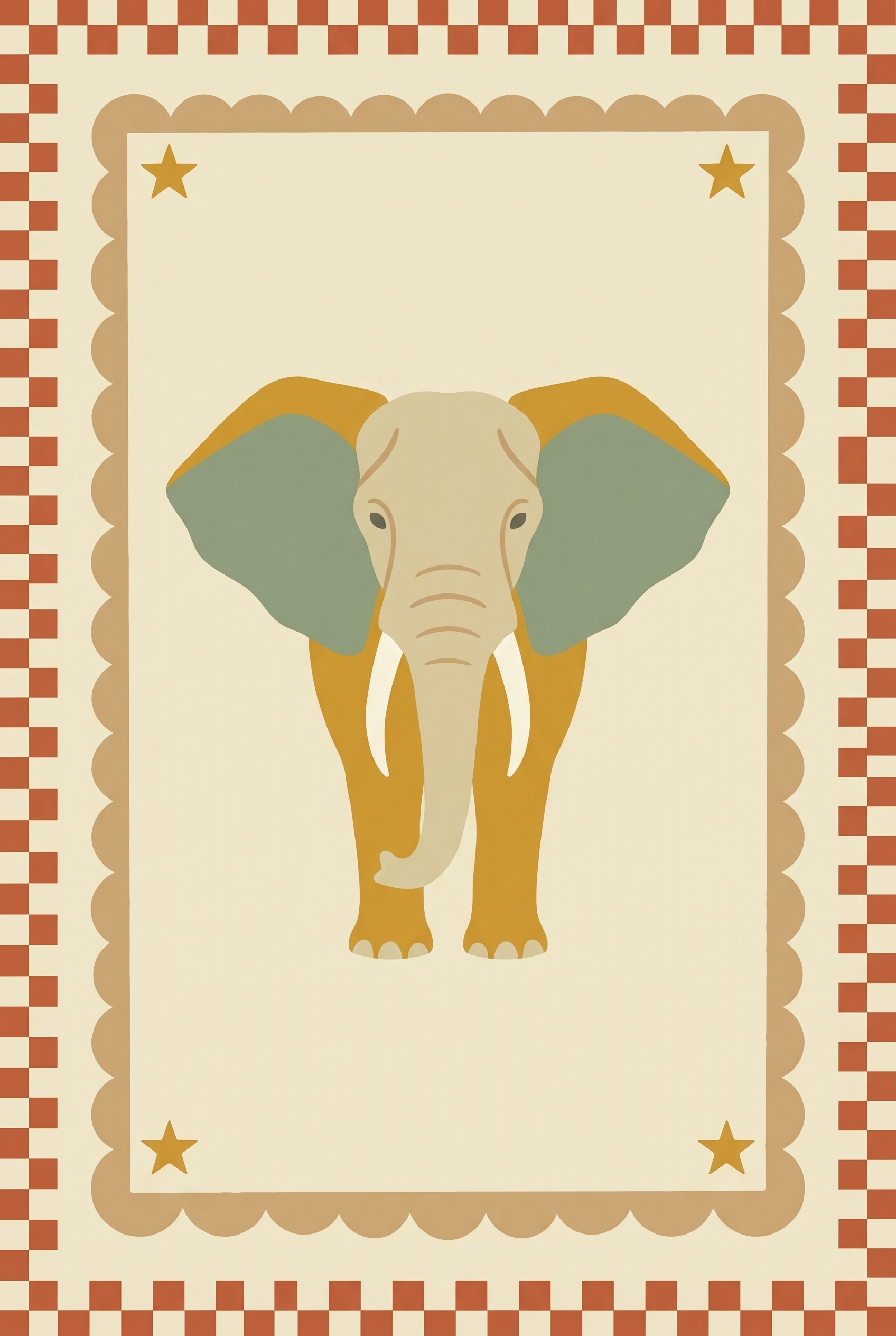 Terracotta Checkered Border Elephant Wall Art - Vintage Circus Elephant