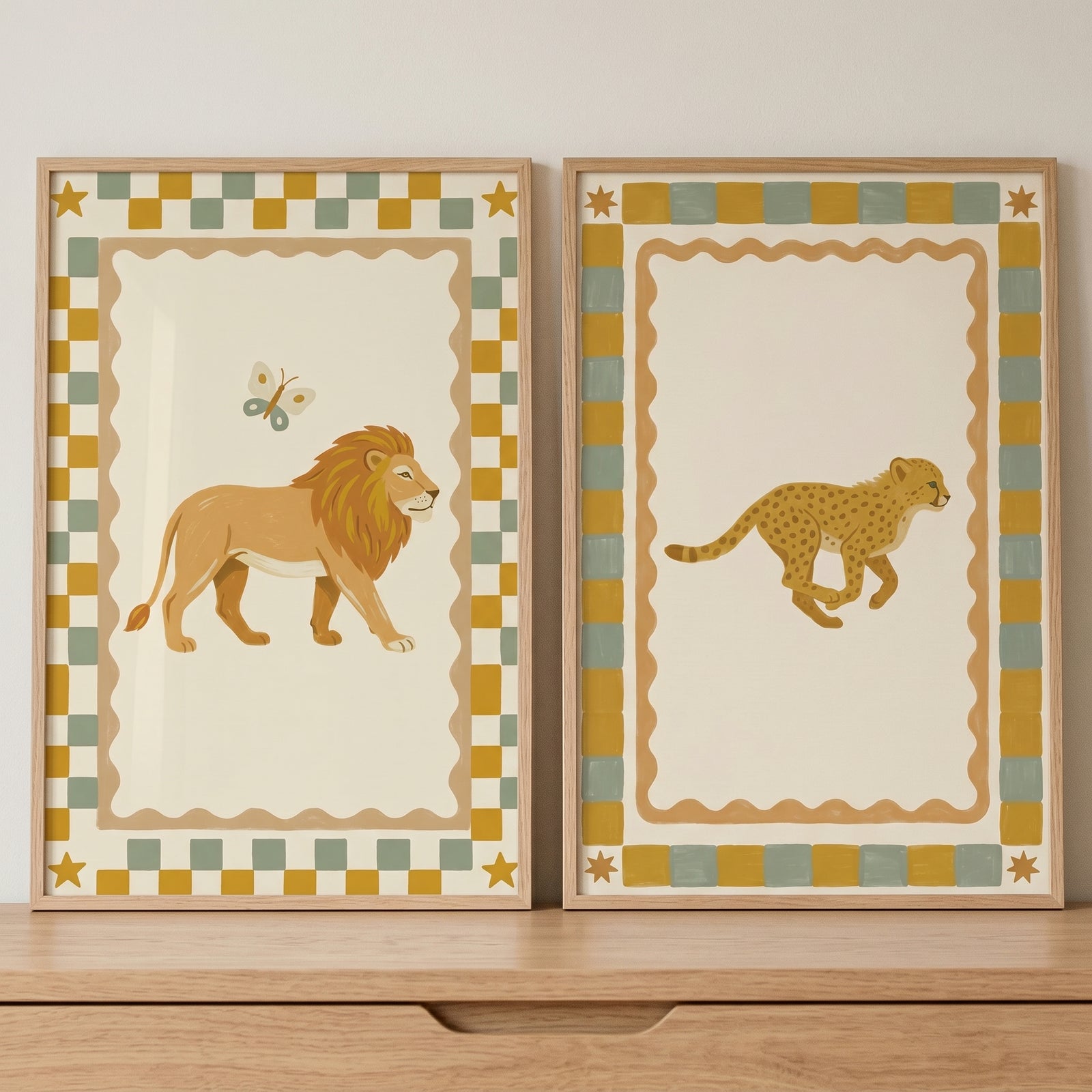 Terracotta star safari animal wall art set of 2 with a lion and cheetah inside mustard and sage green checkered borders.