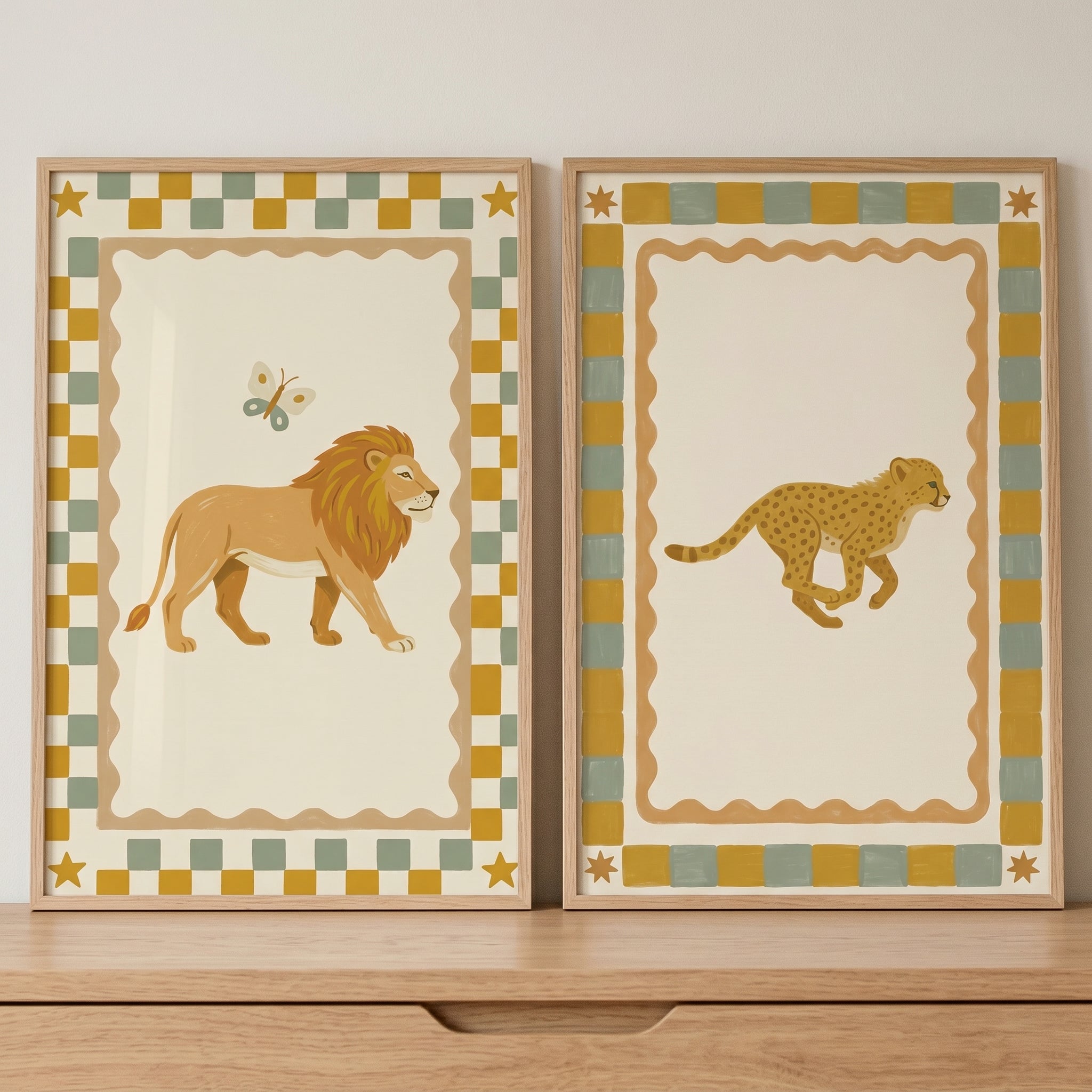 Terracotta Star Safari Animal Wall Art Set of 2 - Golden Wild Cats
