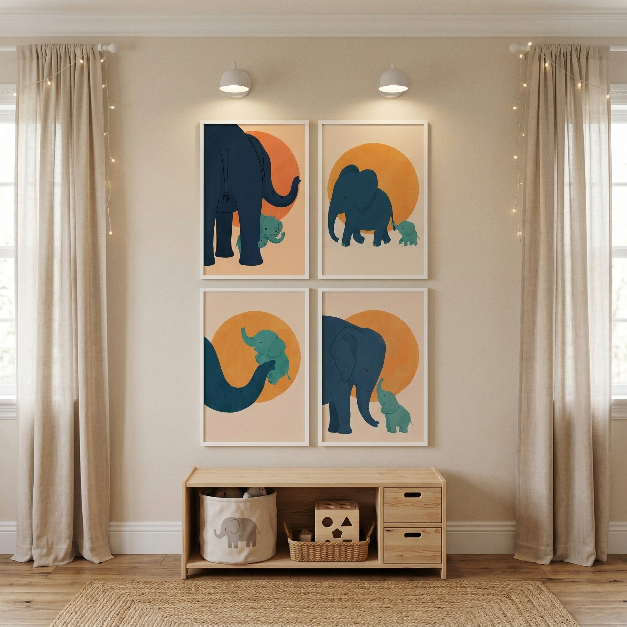 Terracotta Sun Blue Elephant Wall Art Set of 4 - Gentle Elephant Bond