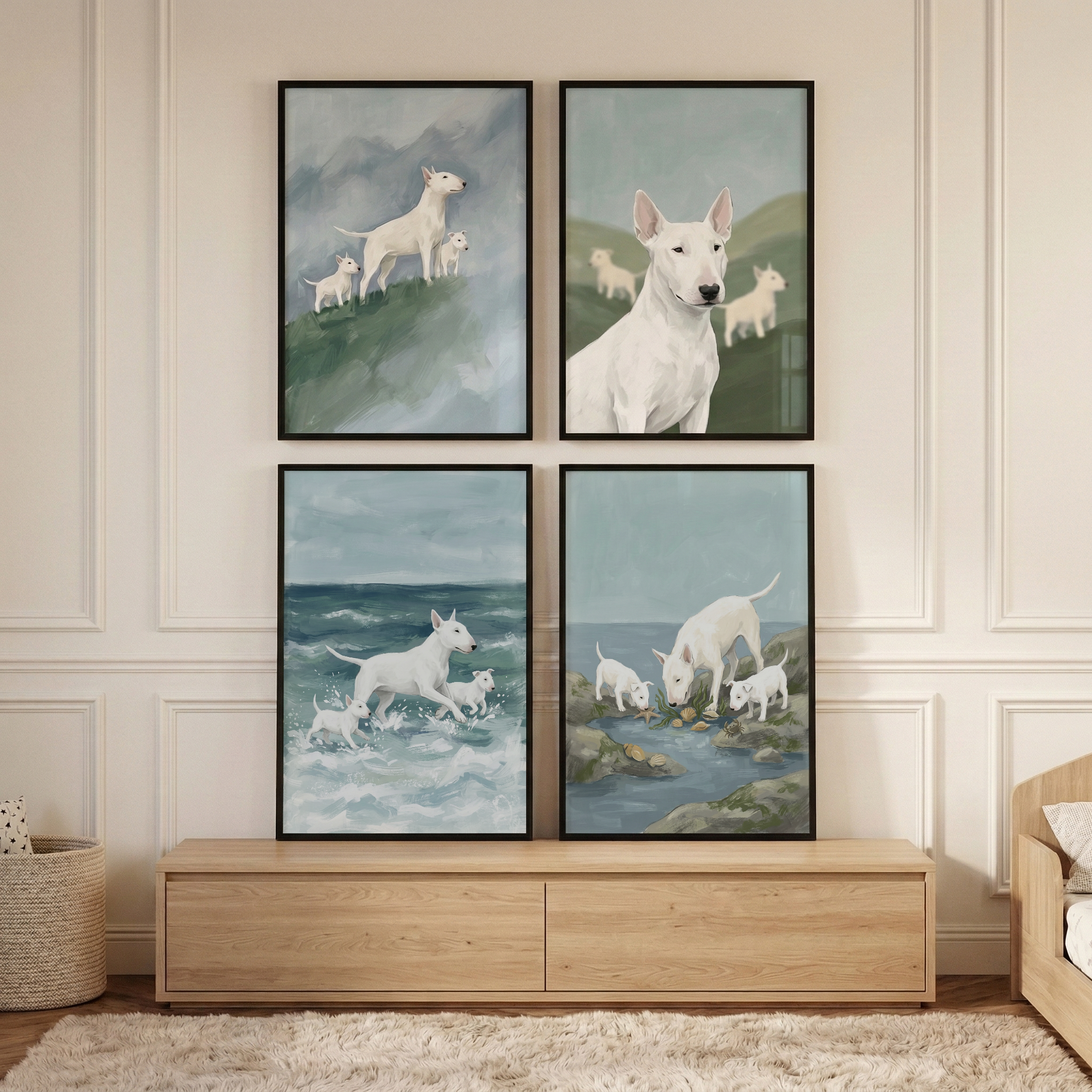 Bull Terrier Artwork Set of 4 - Canine Nature Scenes