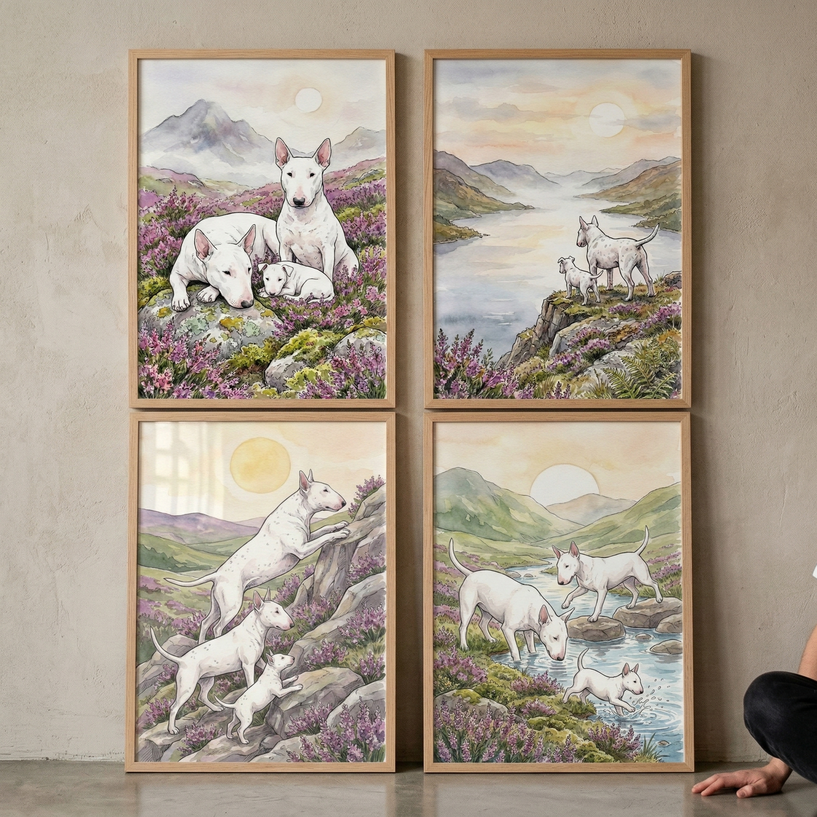 Four framed watercolor-style illustrations are arranged in a two-by-two grid against a plain wall. Each piece features white bull terriers in scenic, mountainous landscapes. The top-left scene shows two adult dogs and a puppy resting among purple flowers with mountains in the background. The top-right depicts an adult and puppy overlooking a misty valley from a cliff. The bottom-left shows three dogs on a rocky hillside, and the bottom-right features dogs near a stream. 