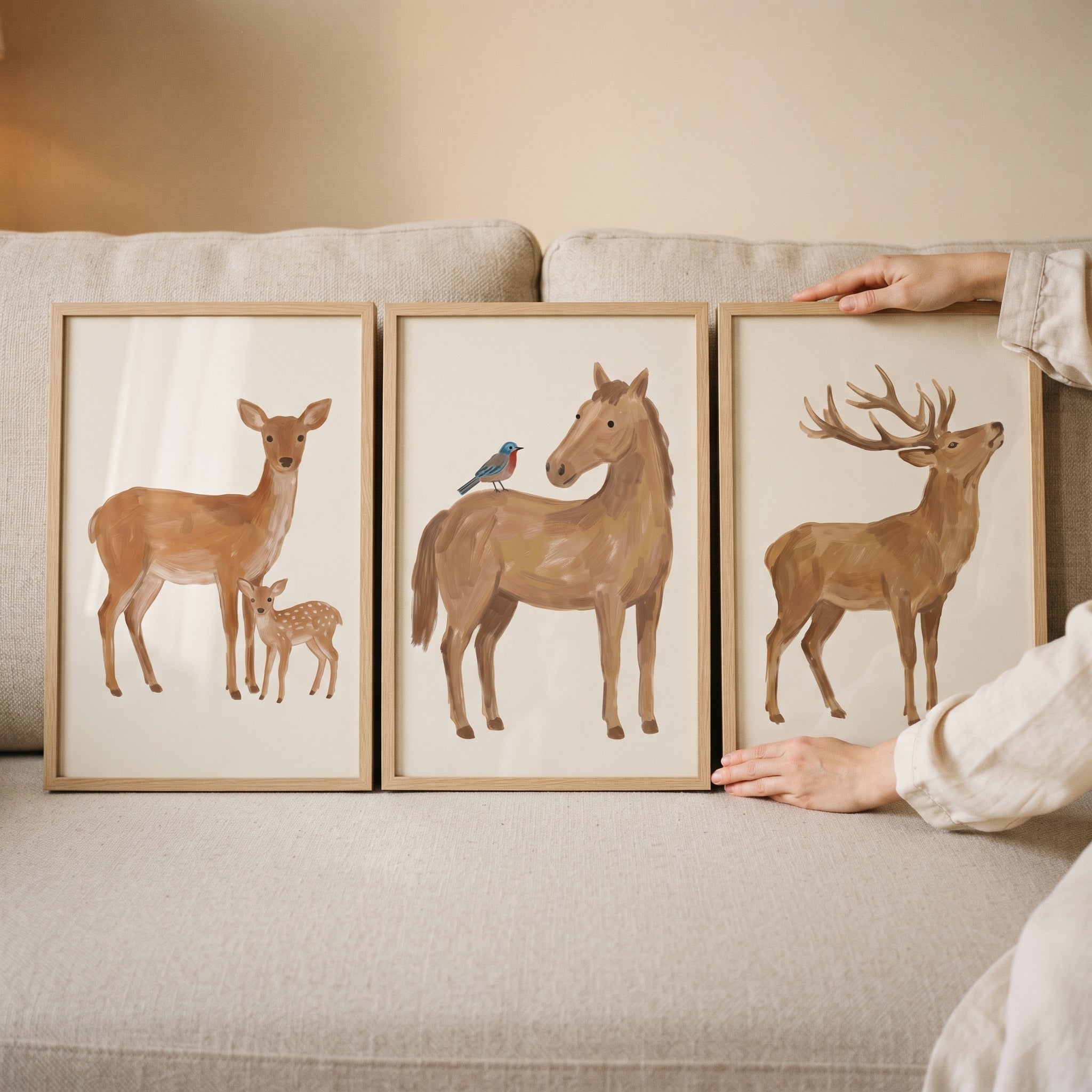 Textural Earth Tone Animals Artwork Set of 3 - Rustic Woodland Trio