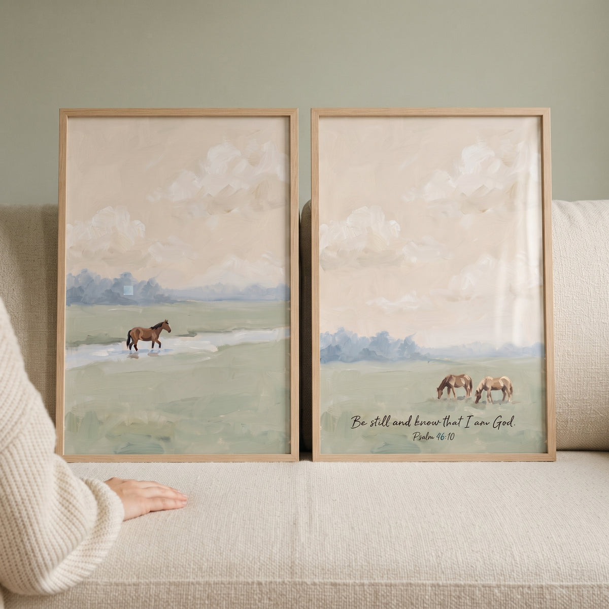 Textured Apricot Sky Horse Wall Art Set Of 2 - Peaceful Psalm Landscape