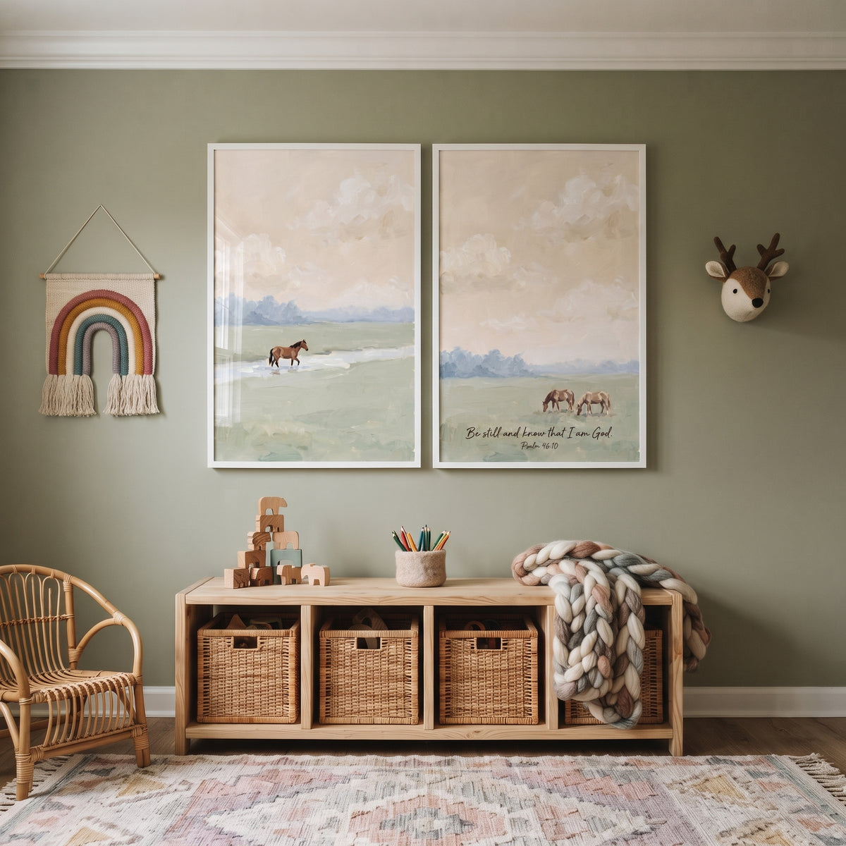Textured Apricot Sky Horse Wall Art Set Of 2 - Peaceful Psalm Landscape
