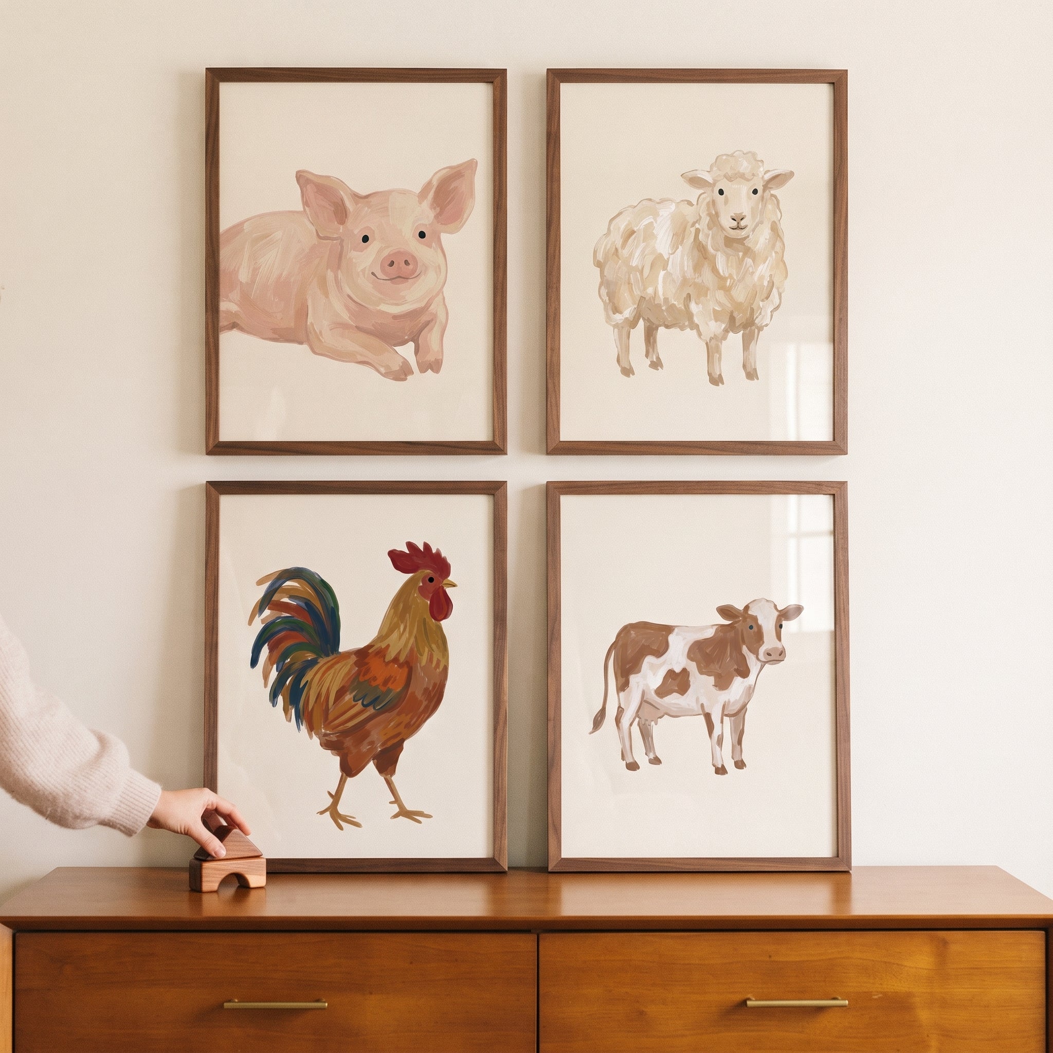 Textured Beige Farm Animals Wall Art Set of 4 - Farm Friends Quartet