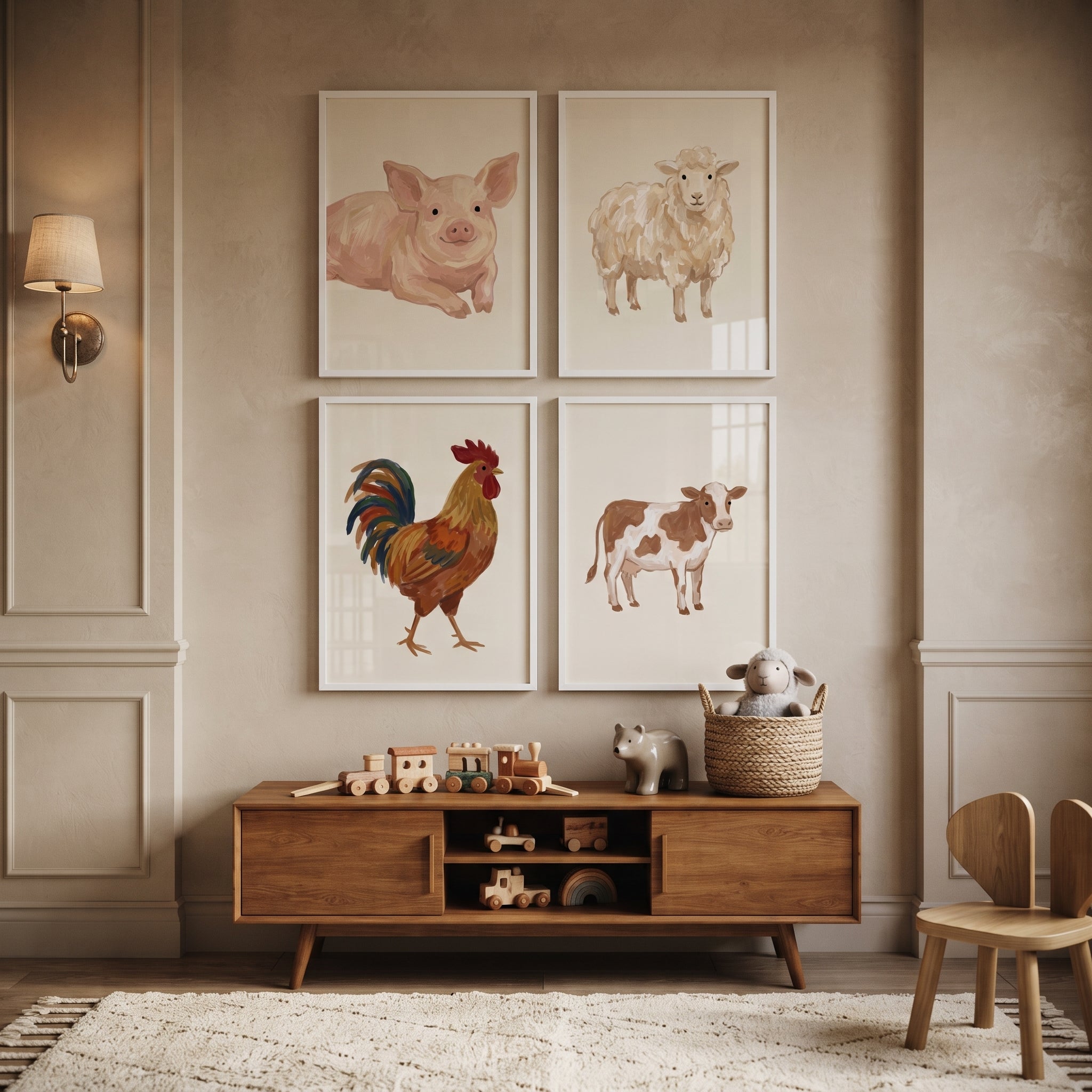 Textured Beige Farm Animals Wall Art Set of 4 - Farm Friends Quartet