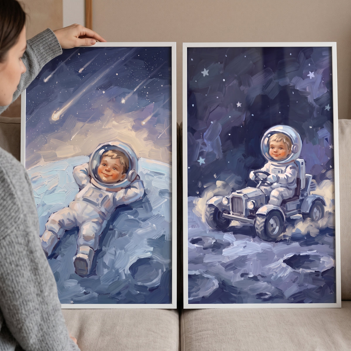Textured blue baby astronaut wall art set of 2 featuring a child in a spacesuit on the moon under a starry sky.