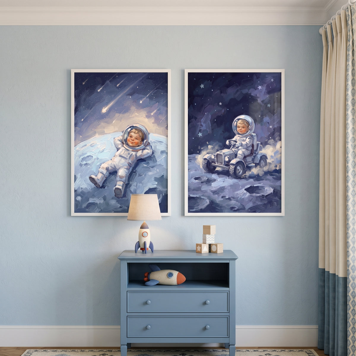 Textured Blue Baby Astronaut Wall Art Set of 2 - Lunar Dreamer