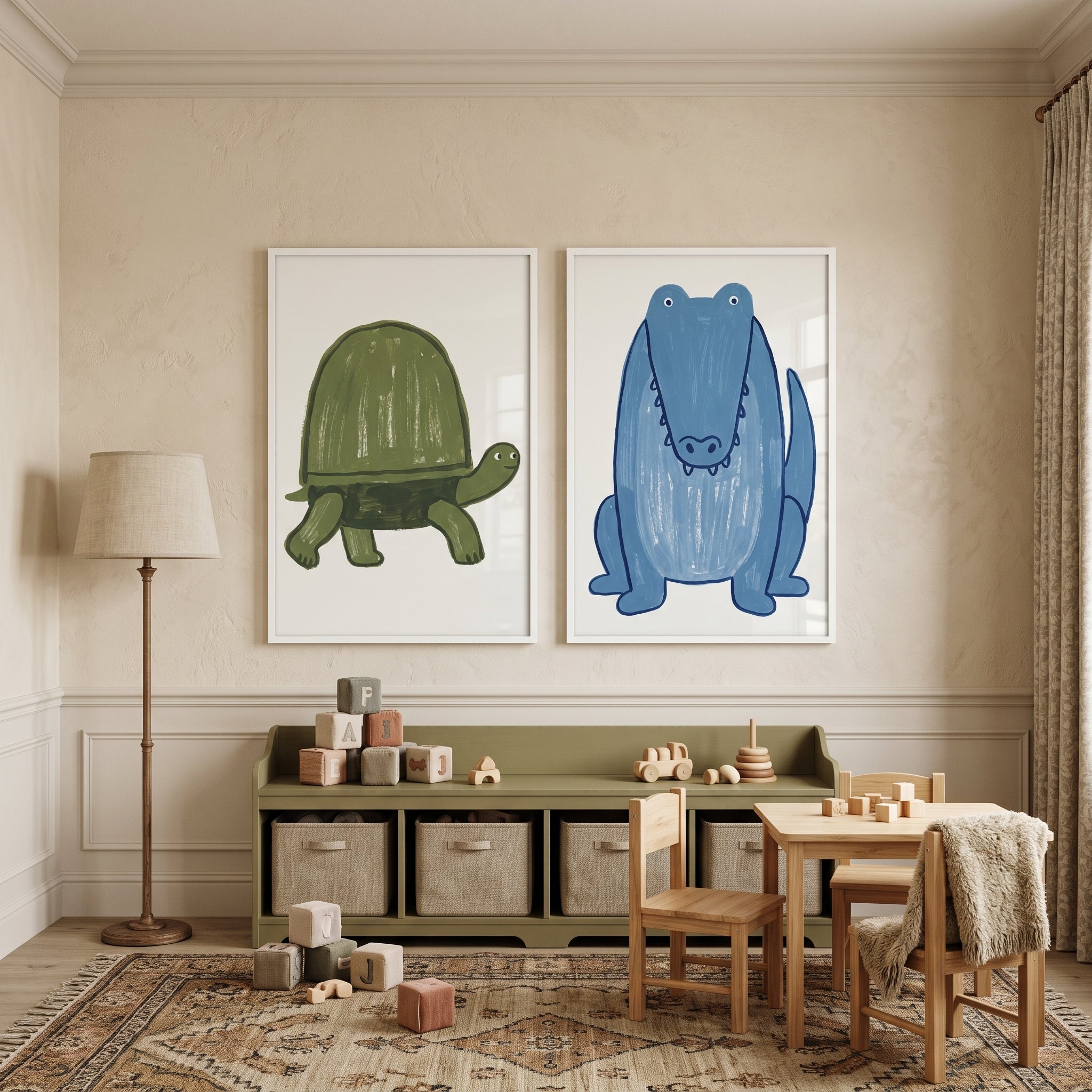 Textured Blue Green Reptile Animals Wall Art Set Of 2 - Friendly Reptile Pals