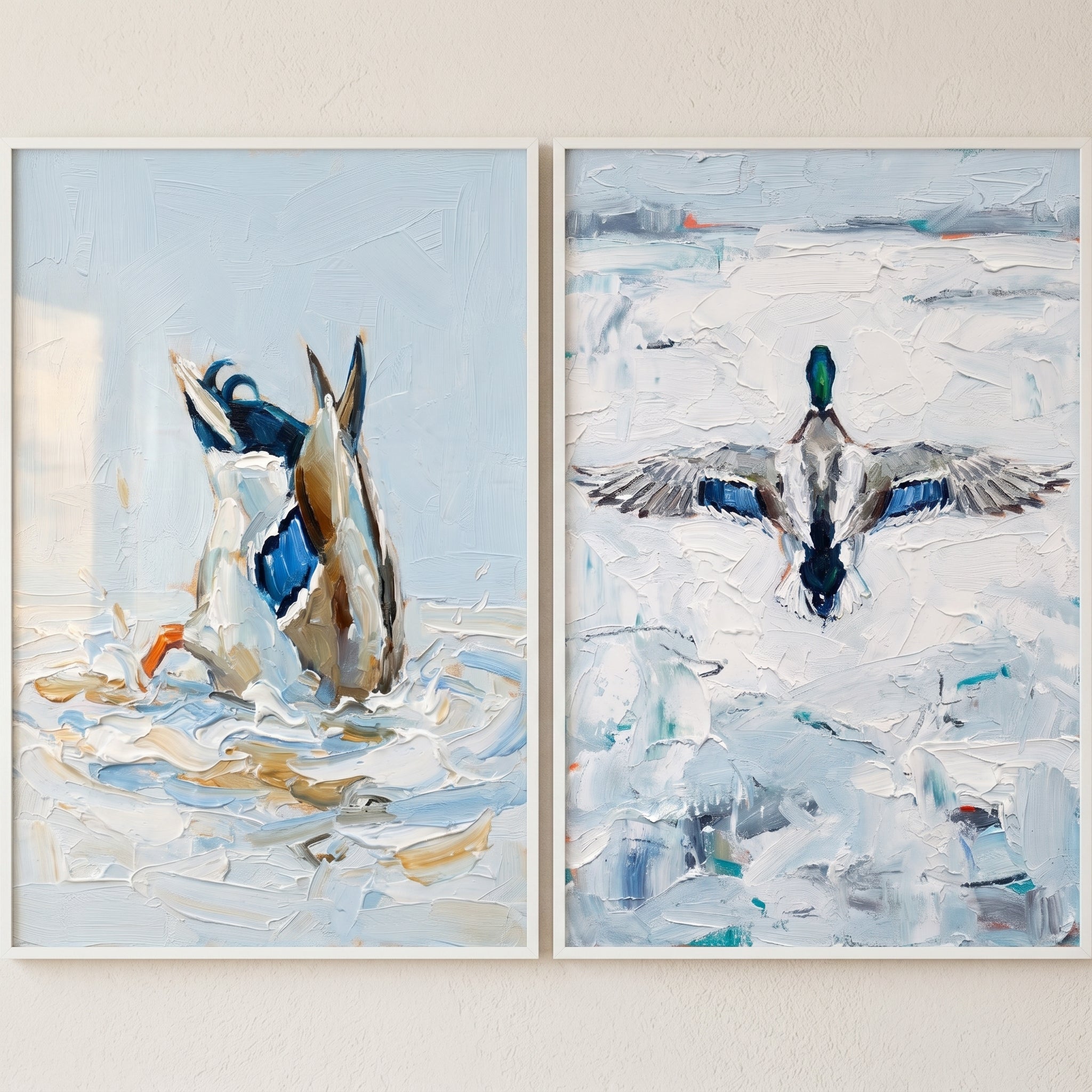 Textured Blue Mallard Duck Wall Art Set of 2 - Mallard Splash Duo