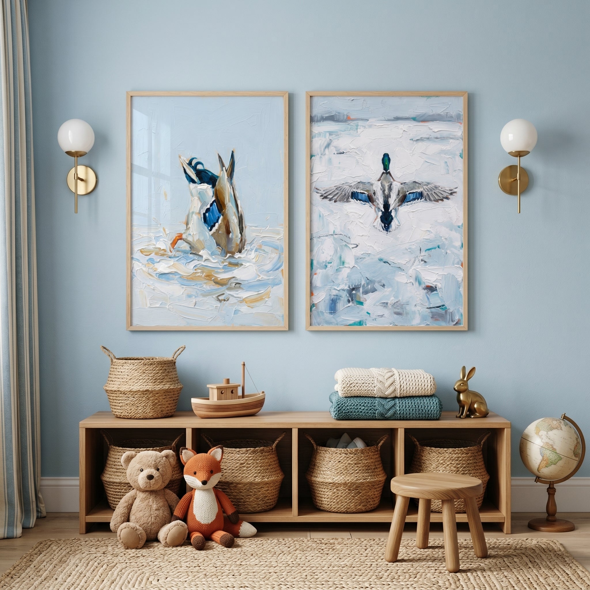 Textured Blue Mallard Duck Wall Art Set of 2 - Mallard Splash Duo