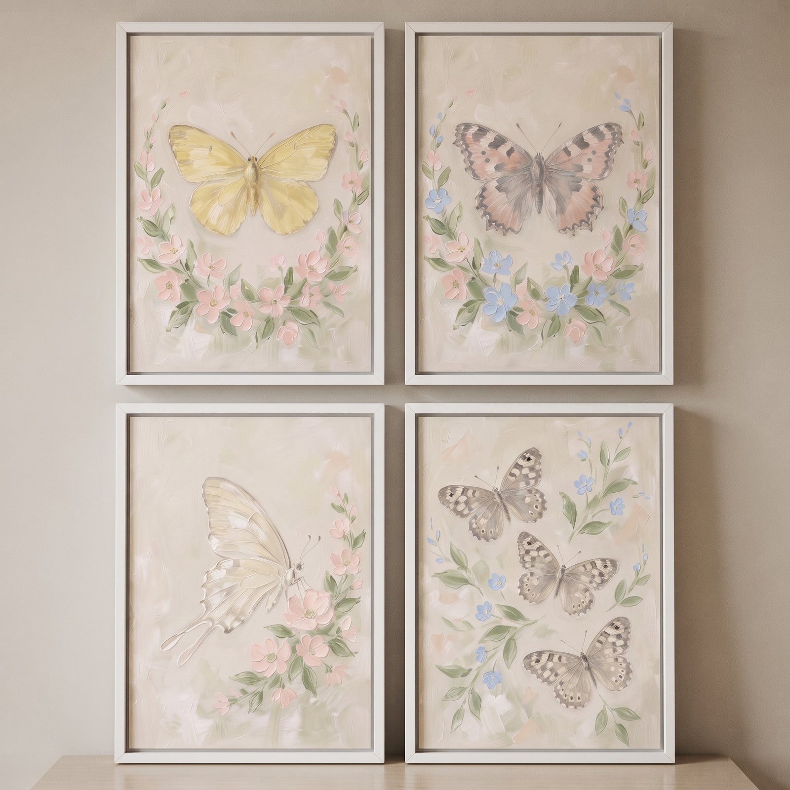 Textured botanical garden butterfly artwork set of 4 featuring pastel butterflies and flowers in white frames.