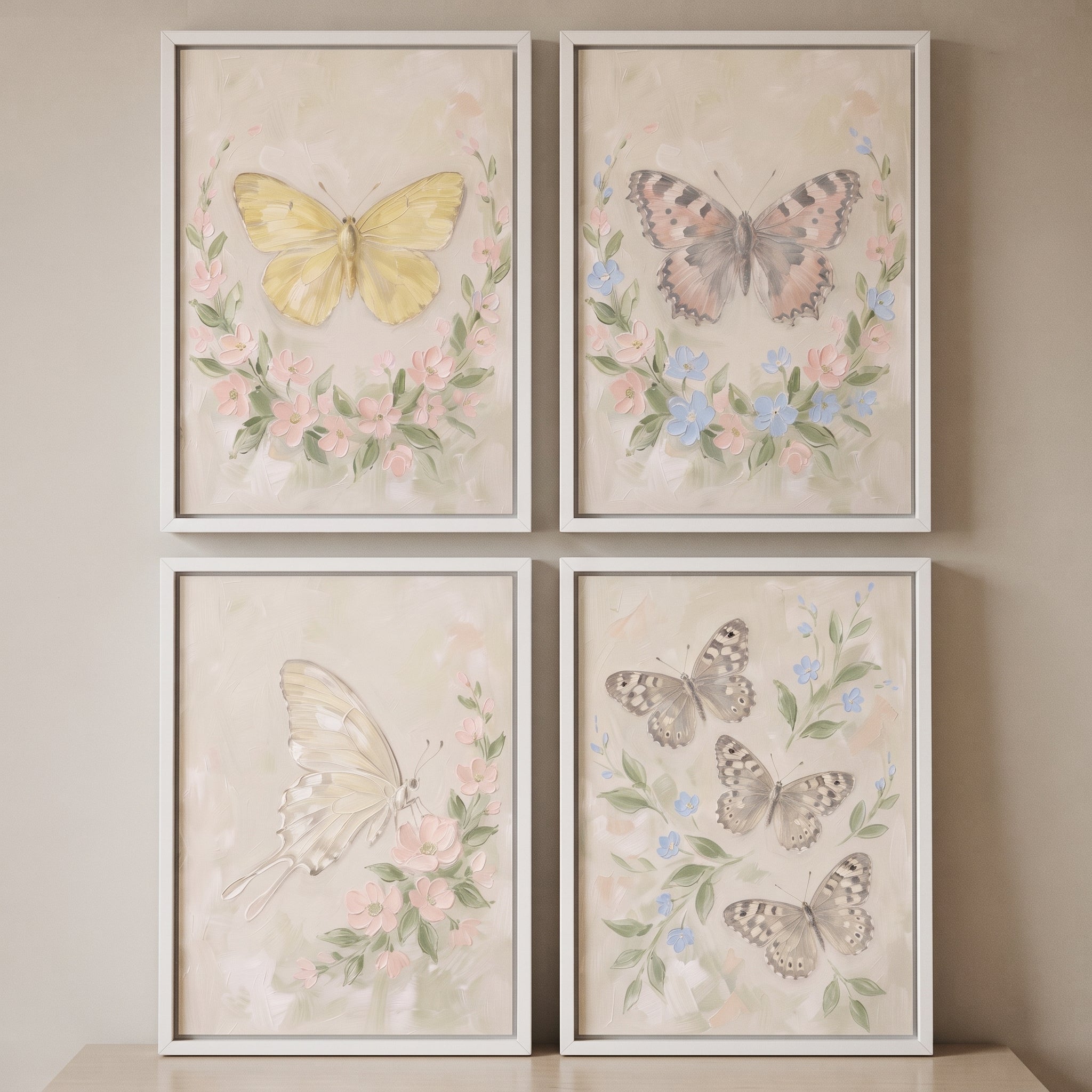 Textured Botanical Garden Butterfly Artwork Set of 4 - Vintage Garden Flutter