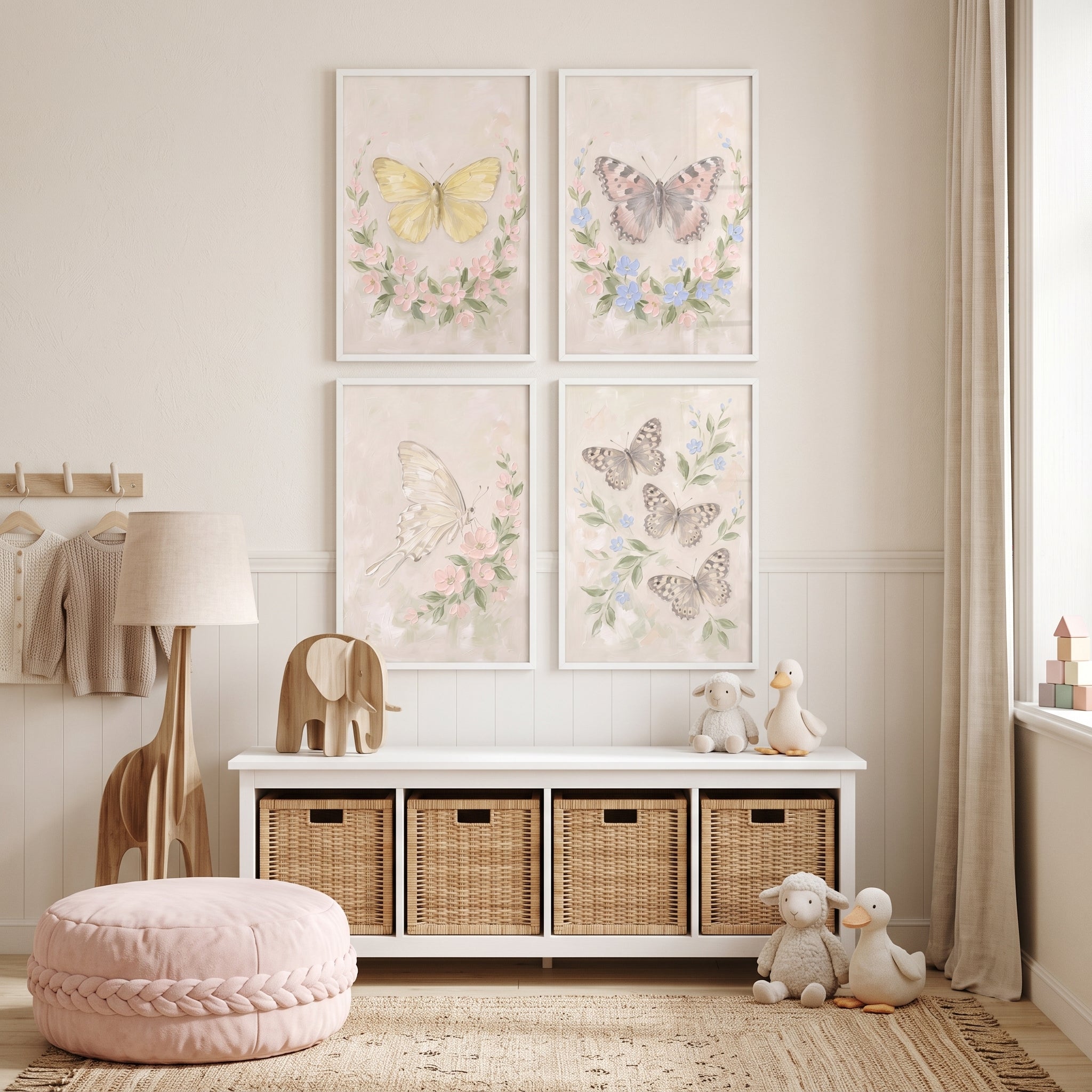 Textured Botanical Garden Butterfly Artwork Set of 4 - Vintage Garden Flutter