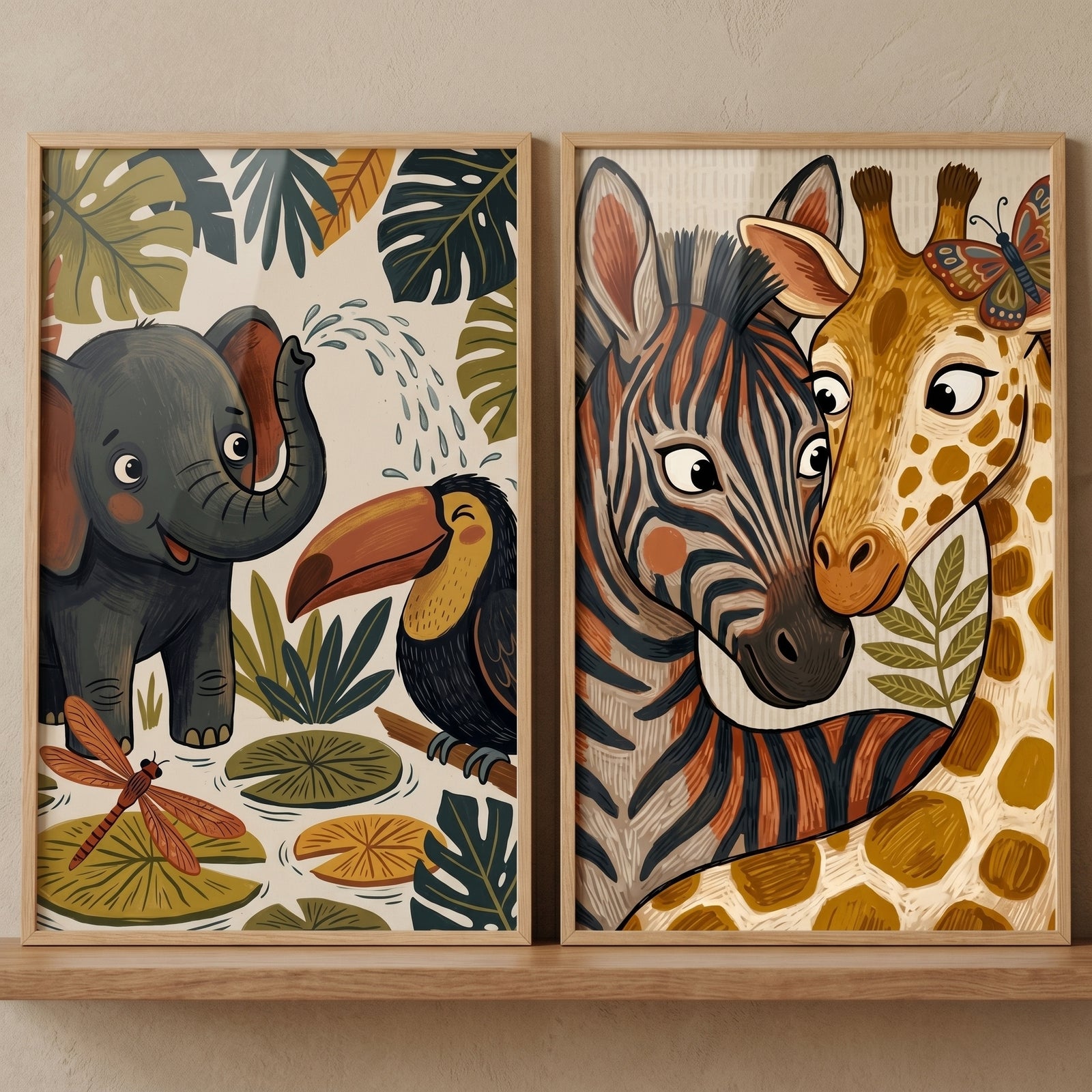 Textured botanical jungle animals wall art set of 2 featuring an elephant, toucan, zebra, and giraffe.