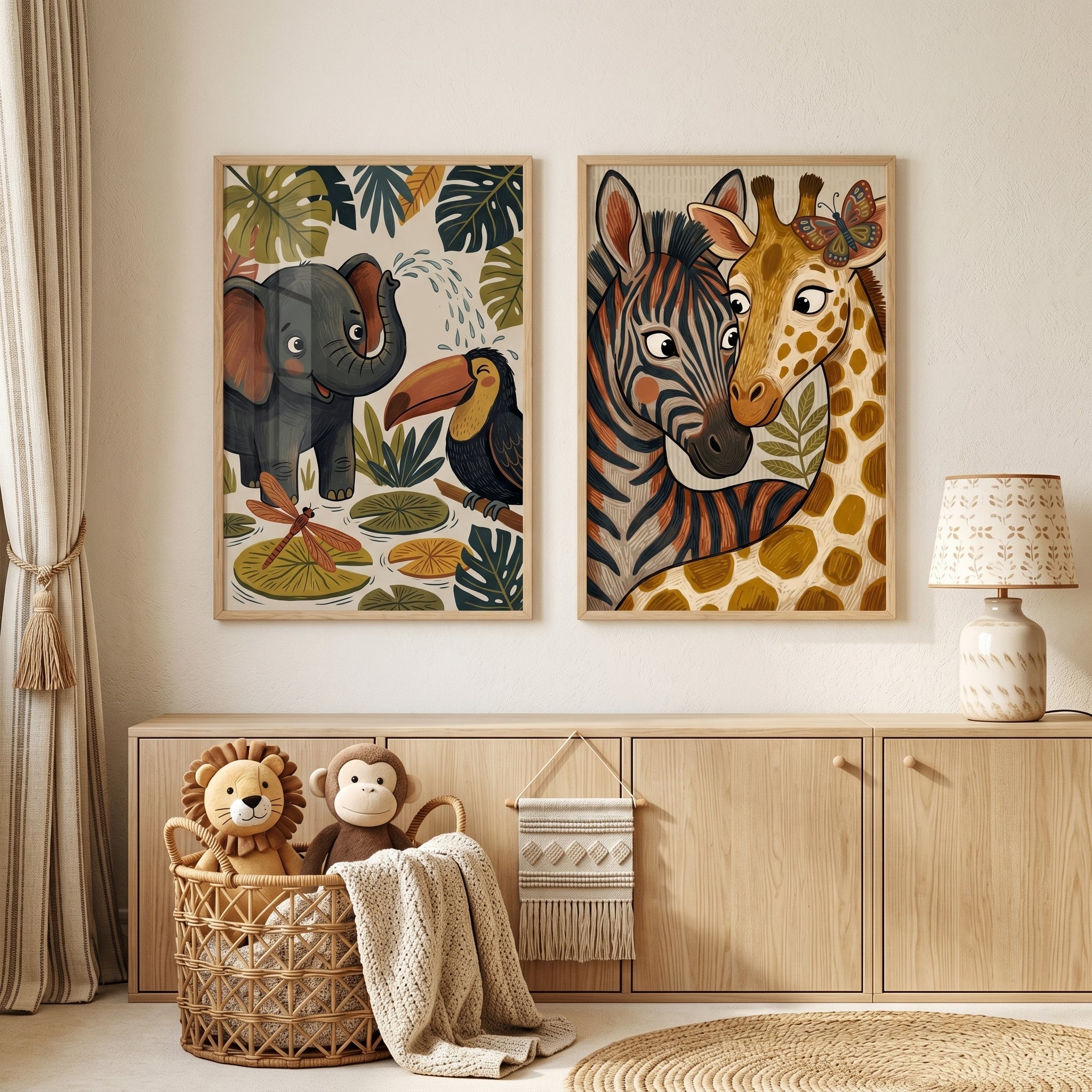 Textured Botanical Jungle Animals Wall Art Set Of 2 - Safari Animal Pals
