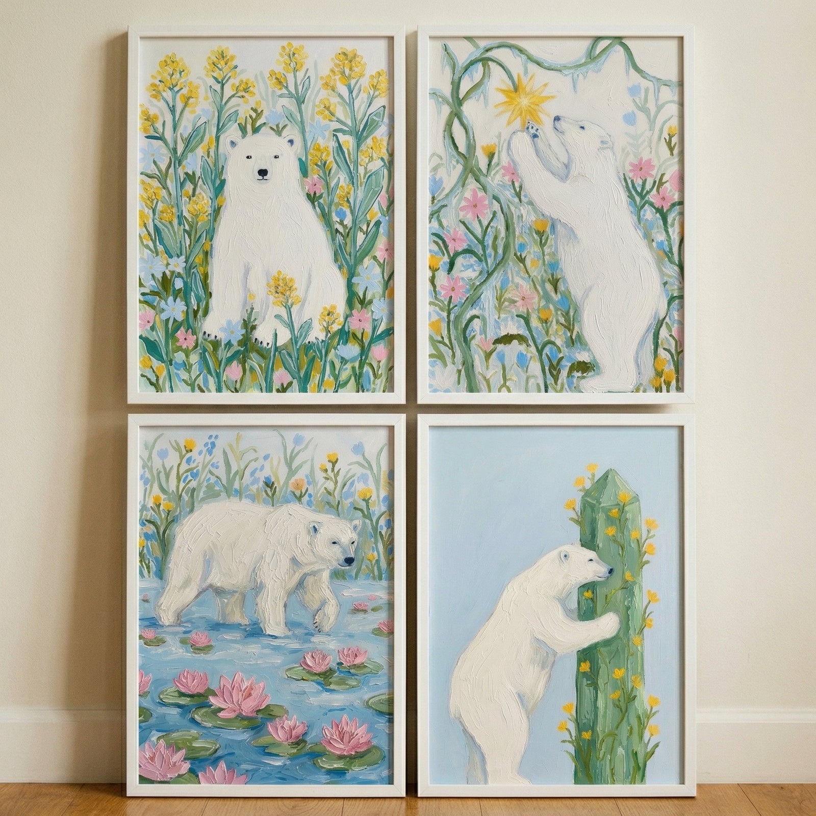 Four framed pastel paintings of white polar bears arranged in a grid against a neutral wall. The scenes show bears among yellow flowers, walking through water with pink lily pads, reaching toward a glowing star, and hugging a tall green plant, creating a cohesive and whimsical storybook style art set.