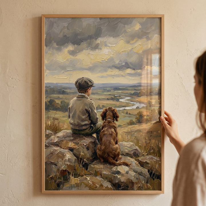 Textured Style Boy And Dog Wall Art - Loyal Companions