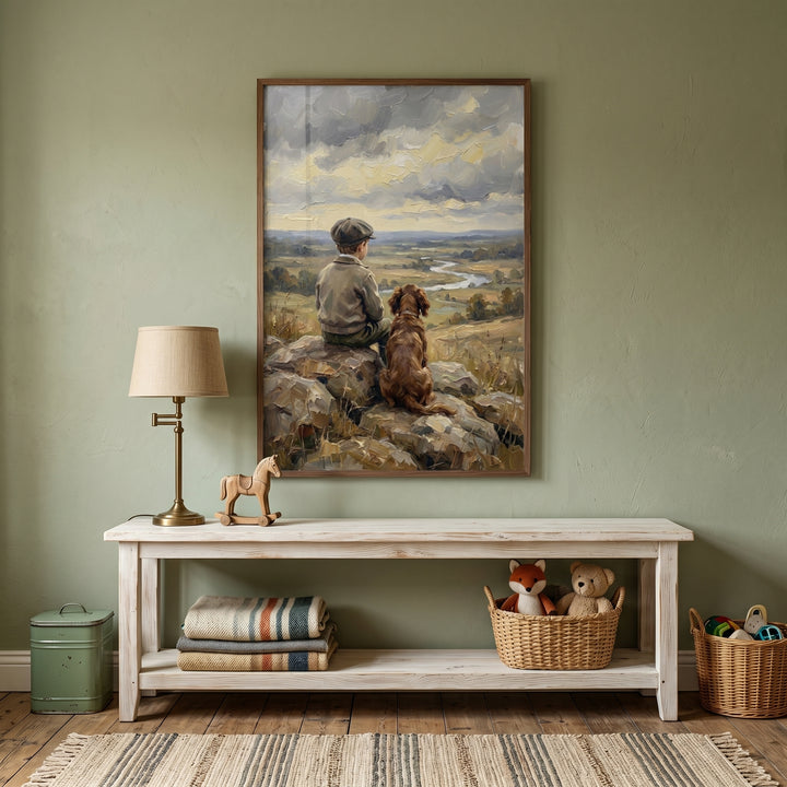 Textured Style Boy And Dog Wall Art - Loyal Companions