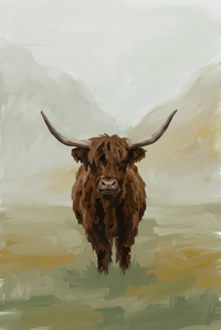 Textured brown highland cow wall art depicts a long-horned shaggy animal standing in a misty, muted field.