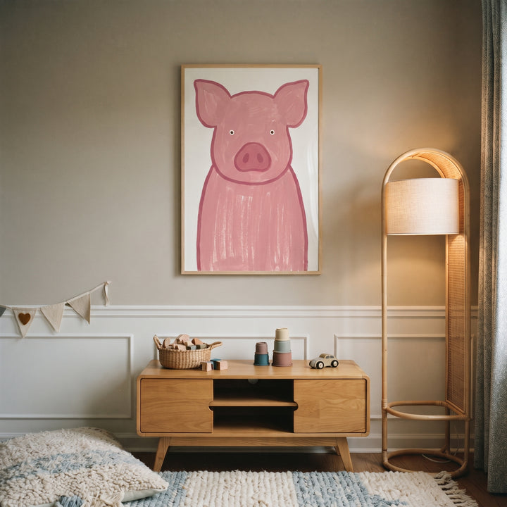 Textured brushstroke pink pig wall art hangs above a wooden console in a neutral nursery with a rattan floor lamp.