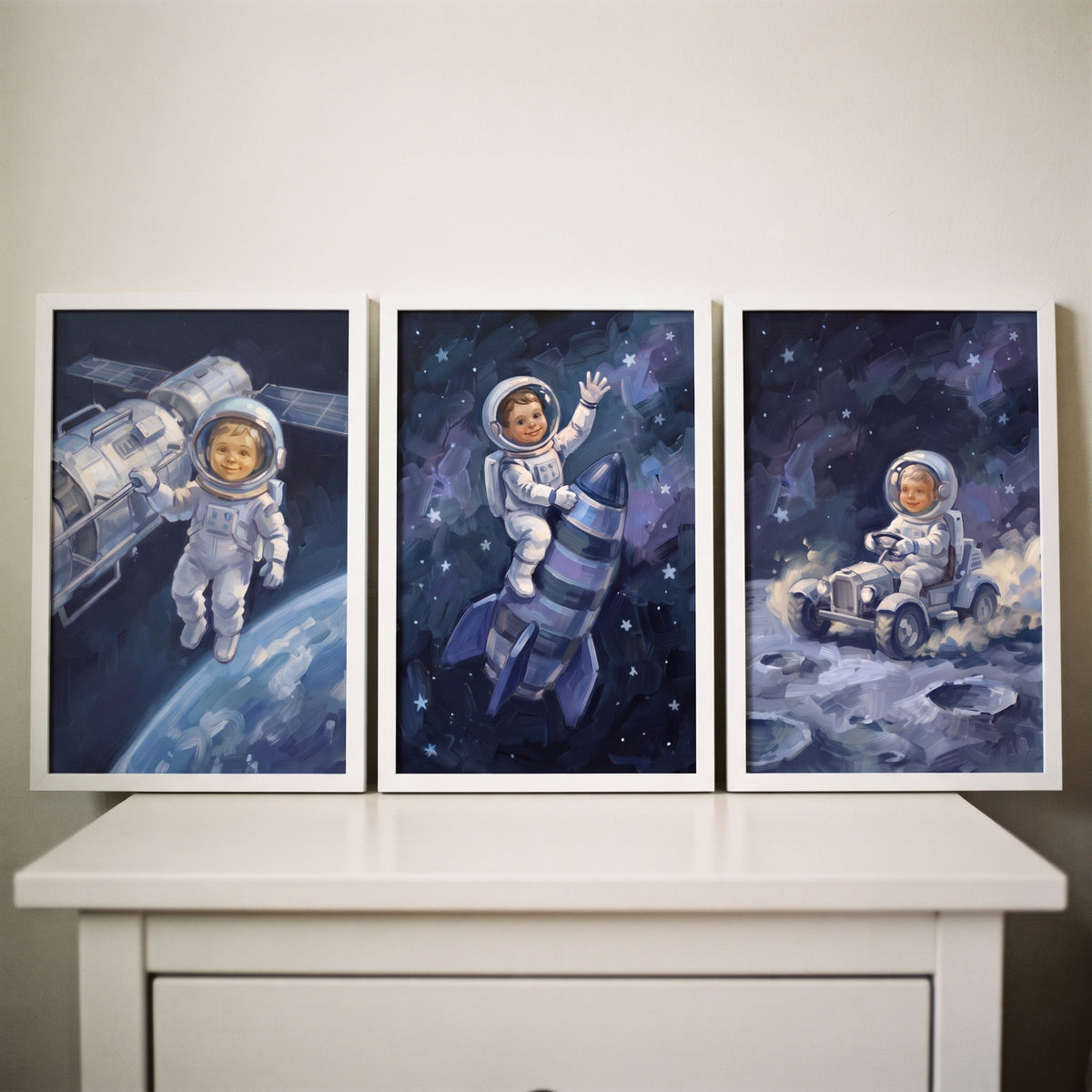 Textured cobalt baby astronaut wall art set of 3 shows a child with a satellite, on a rocket, and in a moon rover.