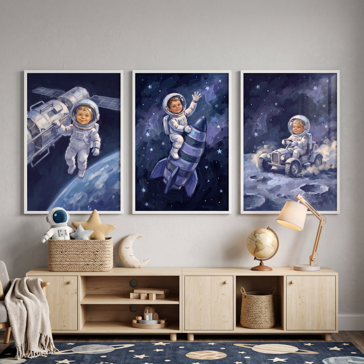 Textured Cobalt Baby Astronaut Wall Art Set of 3 - Galactic Toddler Adventures