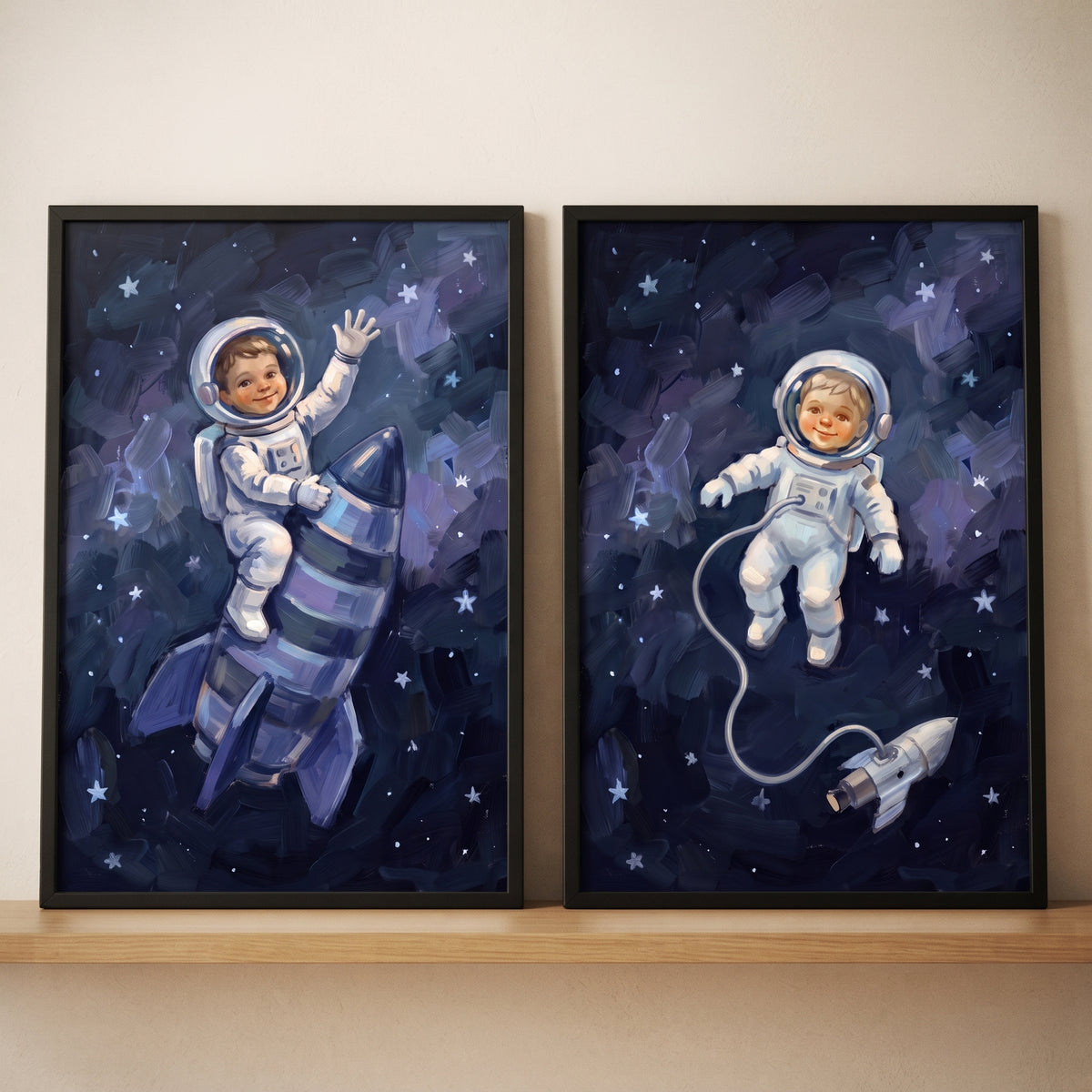 Textured cosmos baby astronaut wall art set of 2 featuring infants riding and floating near rockets in a starry sky.