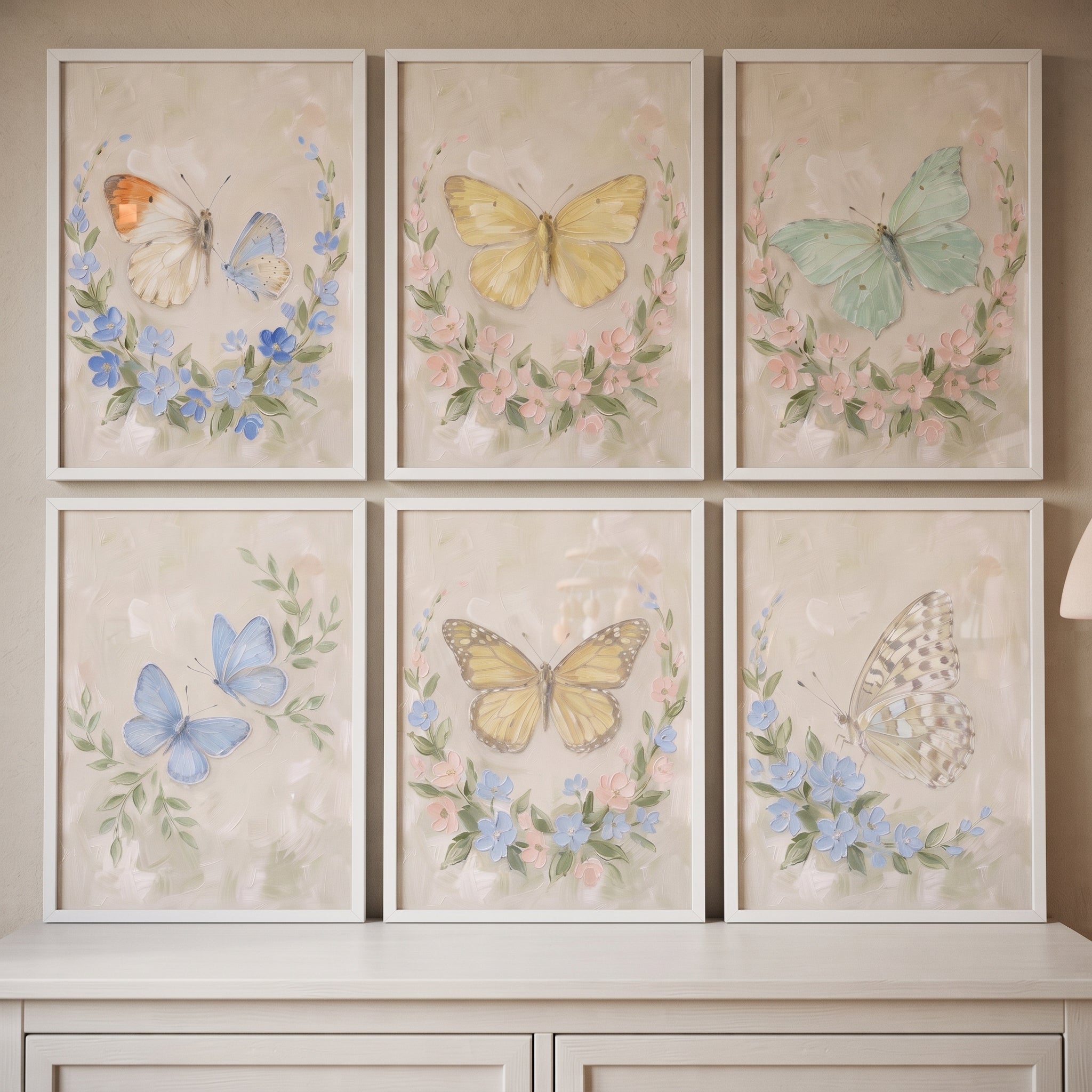 Textured Cottagecore Meadow Butterfly Wall Art Set of 6 - Delicate Meadow Wings