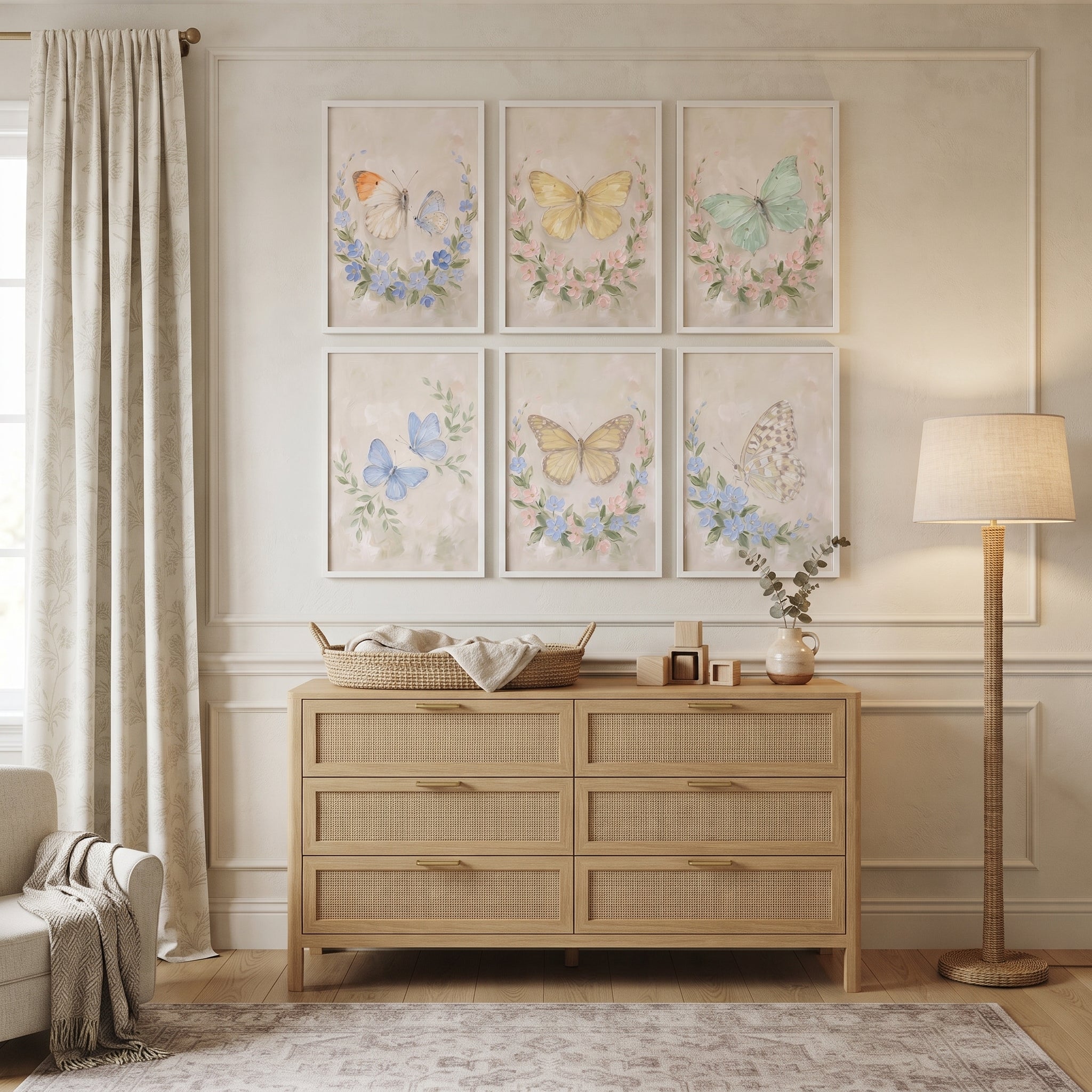 Textured Cottagecore Meadow Butterfly Wall Art Set of 6 - Delicate Meadow Wings