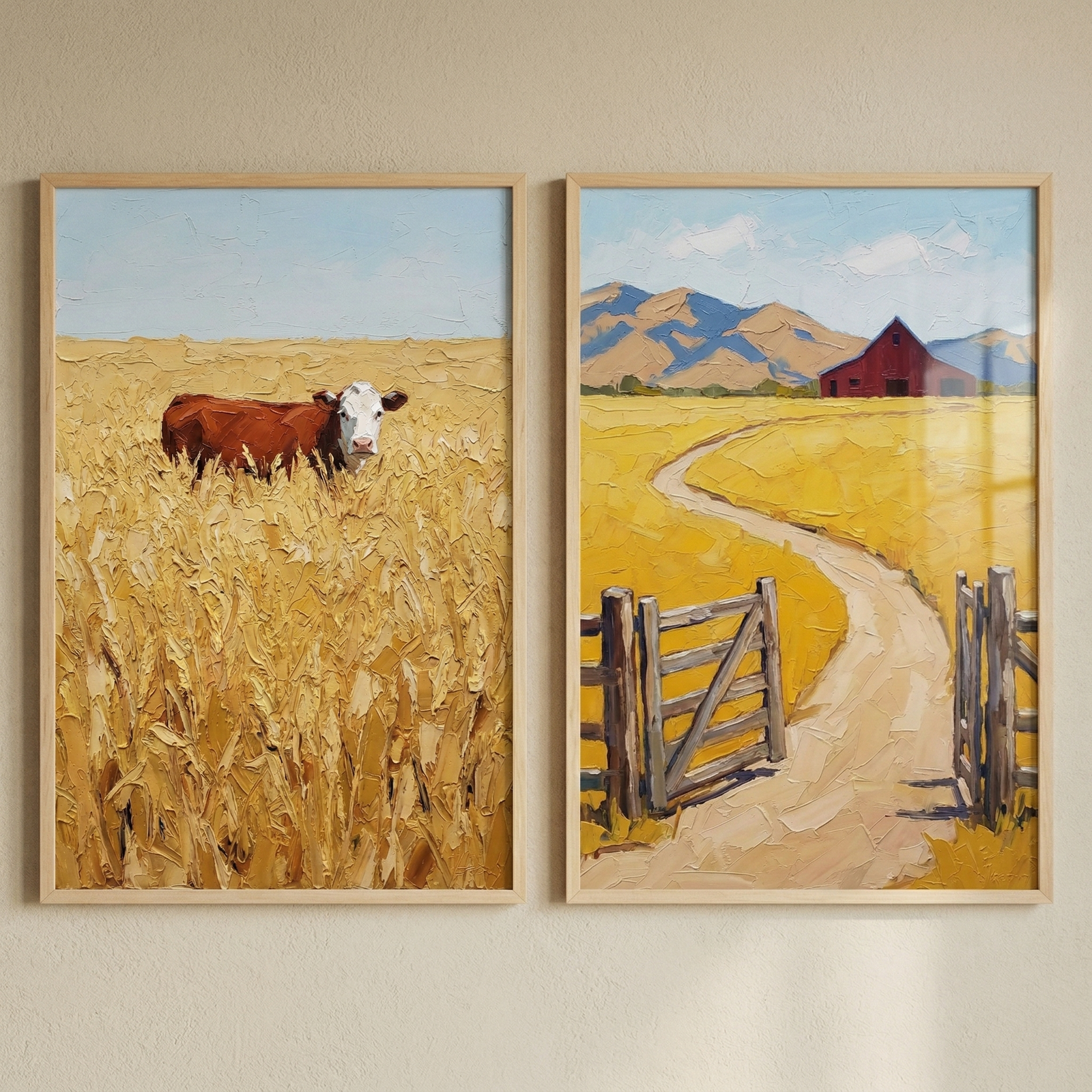 Close view of two framed countryside paintings on a cream wall. One features a single brown and white cow standing in a wheat field and the other shows a pale road curving through yellow fields toward a red barn beneath a soft blue sky.
