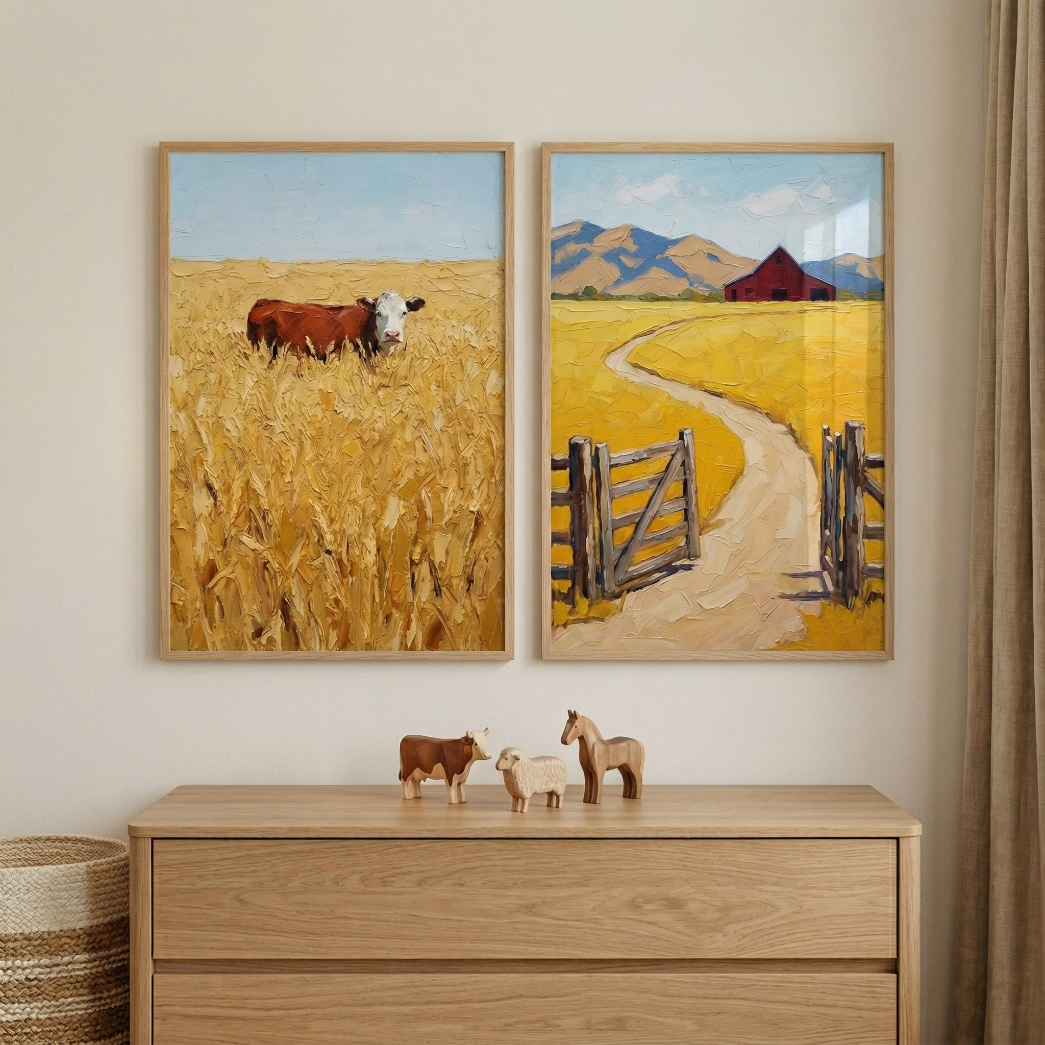 Textured Farm Artwork Set of 2 - Golden Harvest Fields