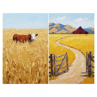 Two textured farm paintings are shown side by side on a light gray background. The left painting shows a brown and white cow standing chest deep in a golden wheat field under a pale blue sky. The right painting shows an open wooden gate and a winding dirt road leading through yellow fields to a red barn with tan and blue mountains behind it.