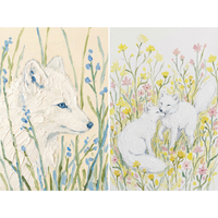 Two side-by-side artistic compositions feature white arctic foxes amidst wildflowers. On the left, a close-up profile of a fox with striking blue eyes is surrounded by slender green stems and small blue blooms. On the right, two foxes interact in a field filled with yellow and pink flowers. The style is defined by thick, impasto-like texture, with raised, sculpted applications of white and pastel colors that create a tactile, three-dimensional appearance across both scenes.