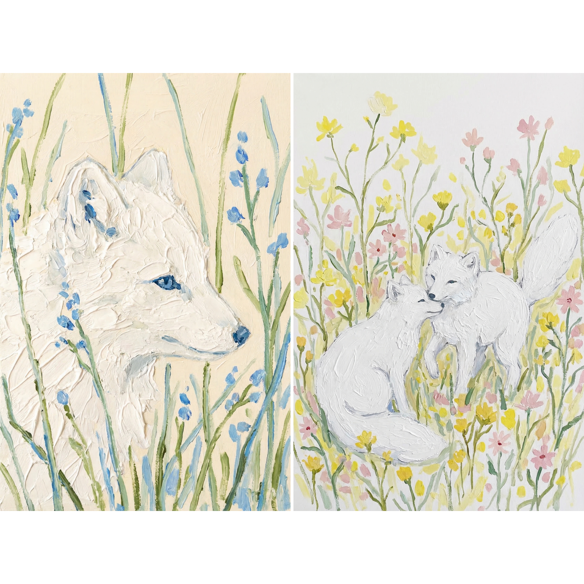 Textured Floral Arctic Fox Wall Art Set of 2 - Arctic Fox Dreams