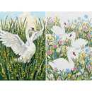 A two-paneled floral and wildlife illustration rendered in a thick, impasto style. The left side depicts a single white swan with its wings majestically spread wide, standing in a field of tall green grass dotted with small yellow flowers under a pale blue sky. The right side features three white swans gliding through water, surrounded by a lush variety of colorful wildflowers in shades of pink, blue, white, and yellow. Both panels emphasize bold, textured strokes and a vibrant color palette.