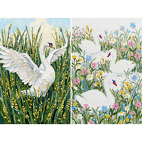 A two-paneled floral and wildlife illustration rendered in a thick, impasto style. The left side depicts a single white swan with its wings majestically spread wide, standing in a field of tall green grass dotted with small yellow flowers under a pale blue sky. The right side features three white swans gliding through water, surrounded by a lush variety of colorful wildflowers in shades of pink, blue, white, and yellow. Both panels emphasize bold, textured strokes and a vibrant color palette.