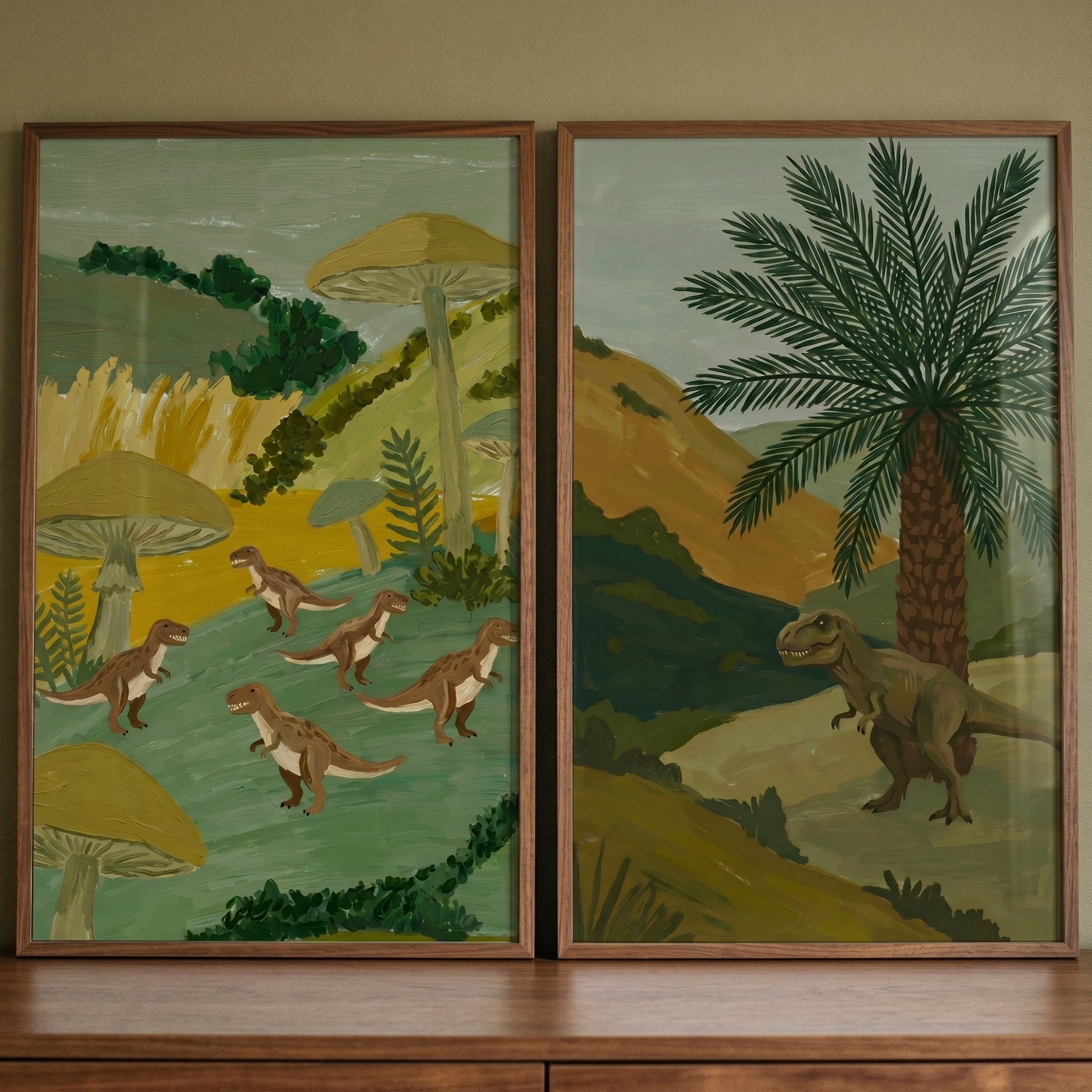 Textured Folk Style Dinosaur Wall Art Set of 2 - Mushroom World Dinosaurs