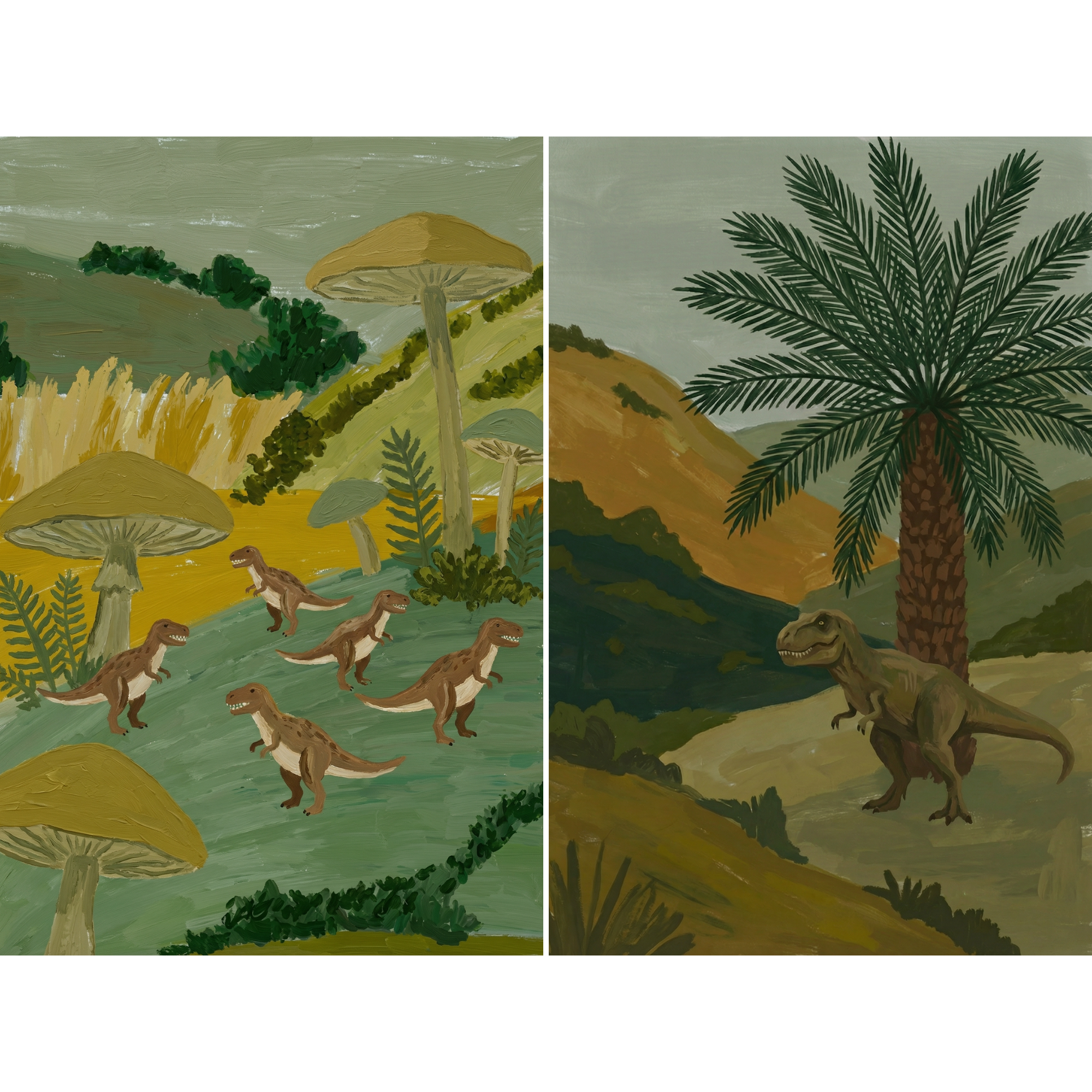 Textured Folk Style Dinosaur Wall Art Set of 2 - Mushroom World Dinosaurs