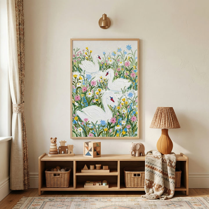 Framed painting of white swans surrounded by colorful wildflowers hangs above a wooden toy shelf in a cozy nursery. The shelf holds wooden toys baskets and a small lamp with a textured shade while a patterned blanket drapes over the side. Soft natural light comes through a window with neutral curtains creating a warm calm atmosphere.